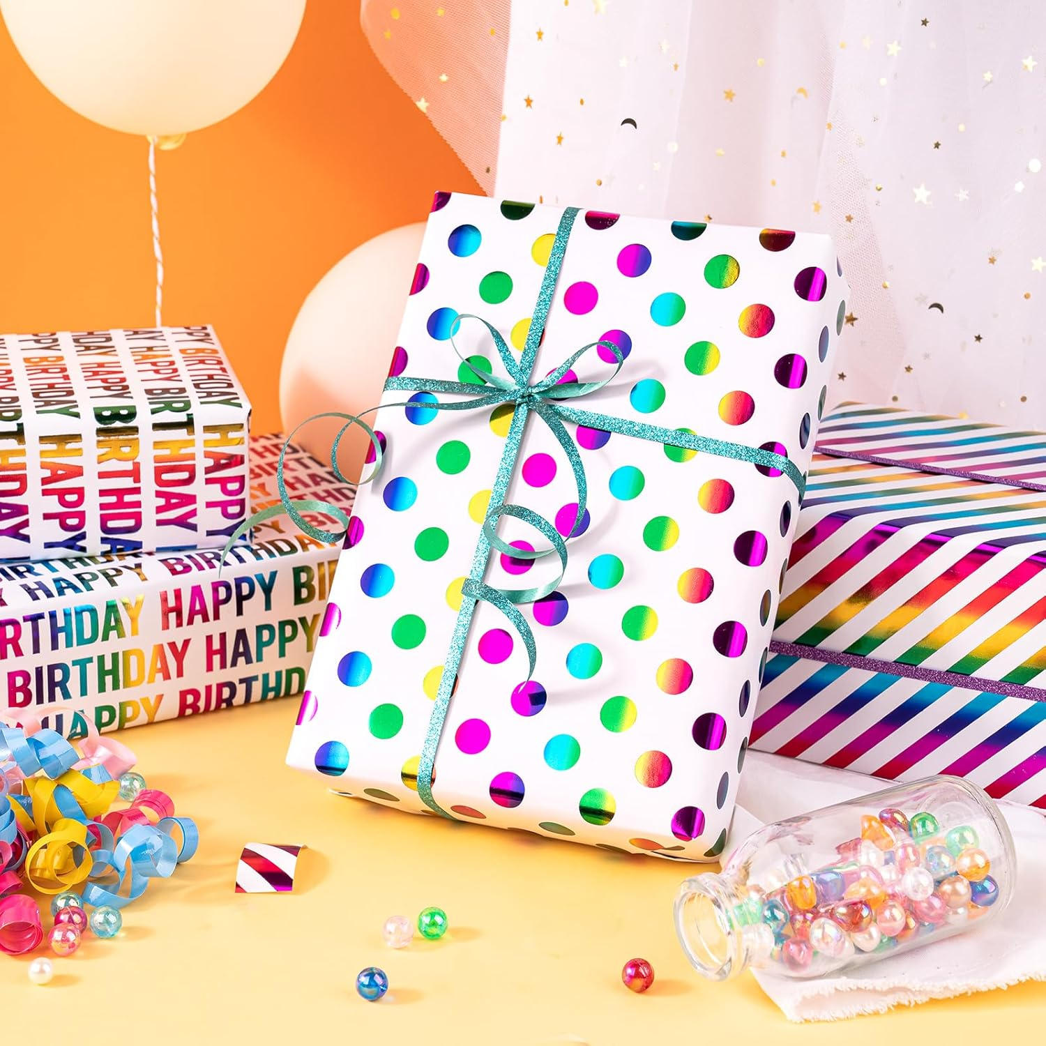 WRAPAHOLIC Birthday Wrapping Paper Roll - Mini Roll - 3 Rolls - 17 Inch X 120 Inch per Roll - Colorful Foil Birthday Design for Party, Holiday, Baby Shower image number 3