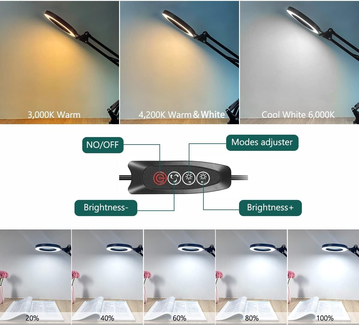 Magnifying Glass with Light and Stand, 10X Magnifying Lamp, 2-In-1 LED Lighted Desk Magnifier with Light, Craft Light Lamp with 3 Color Modes for Close Work Reading Repair Crafts image number 5