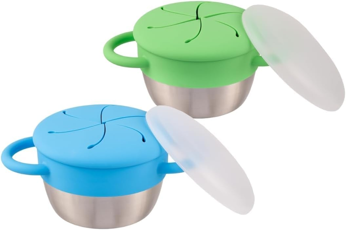 Elk and Friends Stainless Steel Snack Cups | Removable Silicone Food Catcher and Travel Lid | Spill-Proof Snack Containers for Baby, Toddler, Kids | Dishwasher Safe | 2 Pack