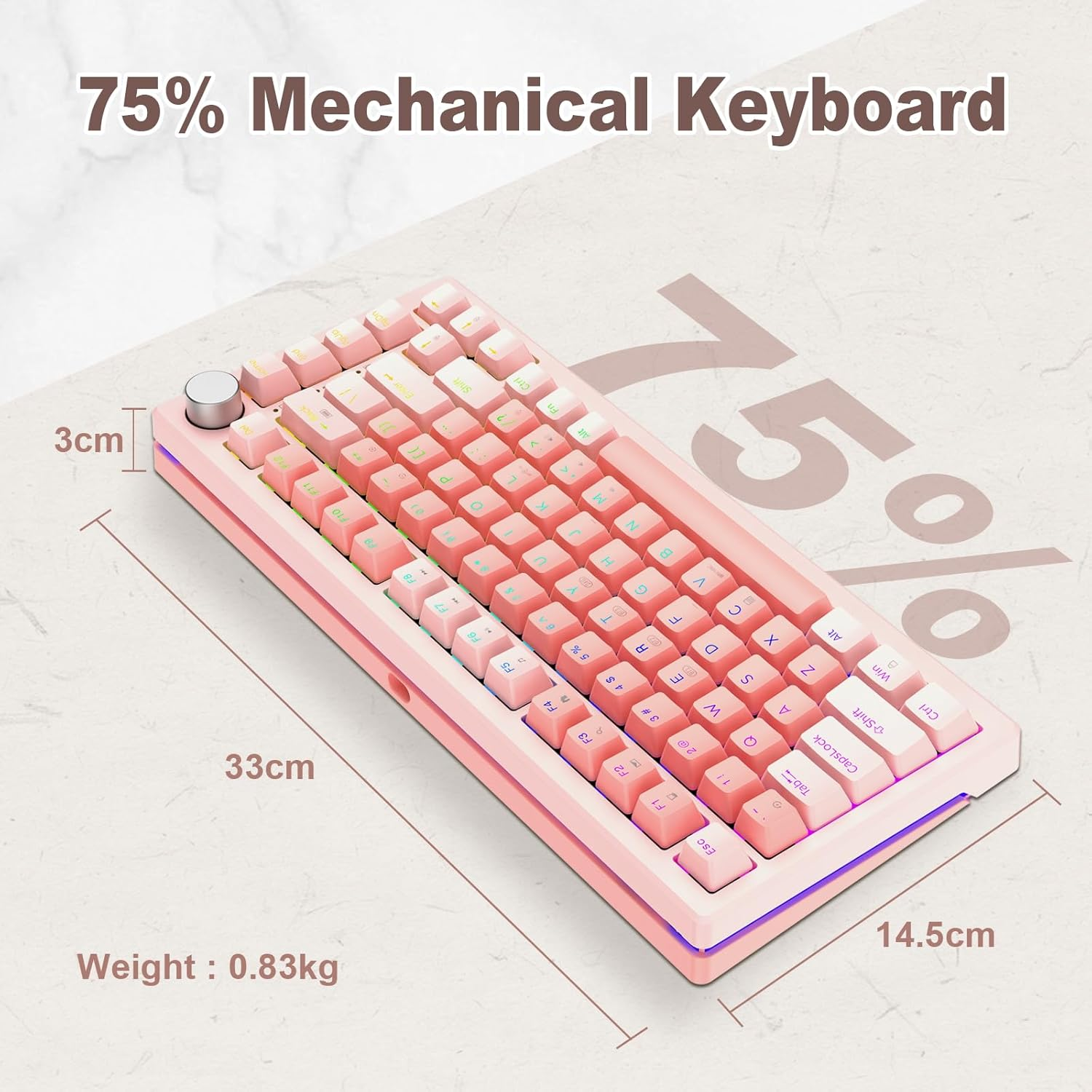 FG75 75% Wireless Mechanical Gaming Keyboard with Knob - Hot Swappable, Gasket Mount, Pre-Lubed Switches, RGB Backlit, PBT Keycaps, Bluetooth/2.4Ghz/Usb-C for PC (Pink) image number 3