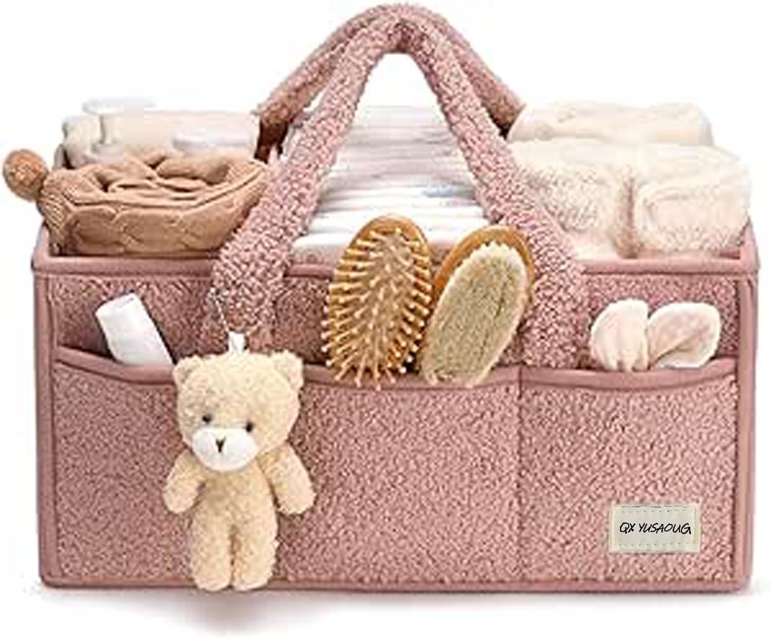 Baby Nappy Caddy Diaper Caddy Organizer, Baby Storage Basket for Diapers and Wipes (Baby Pink, with Bear) image number 3