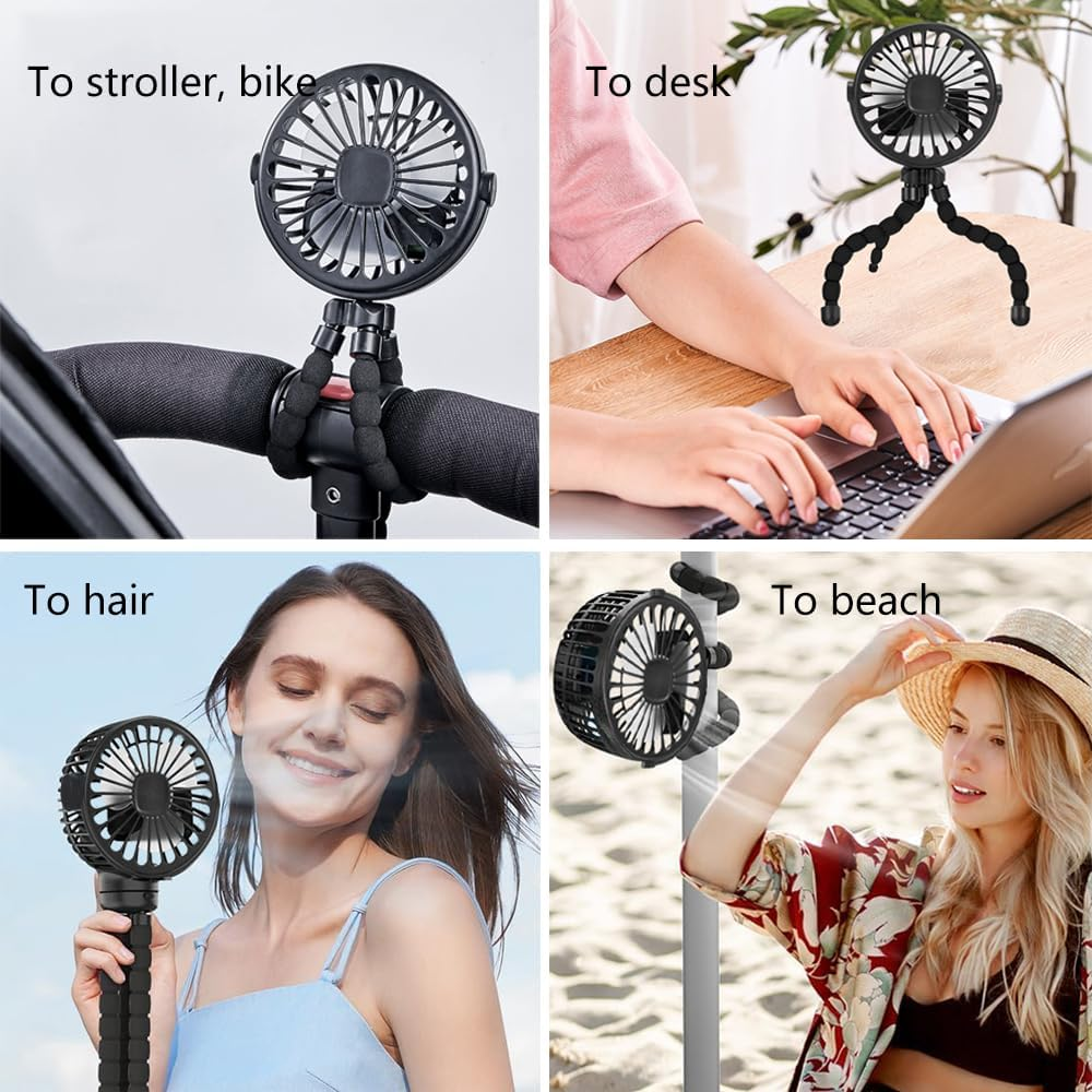 Time Vinql Stroller Fan, Outdoor Mini 3-Speed Portable Stroller Fan, Personal Desk Fan with Flexible Tripod, Car Seat Handheld Fan, Treadmill, Outdoor Camping (Black) image number 5