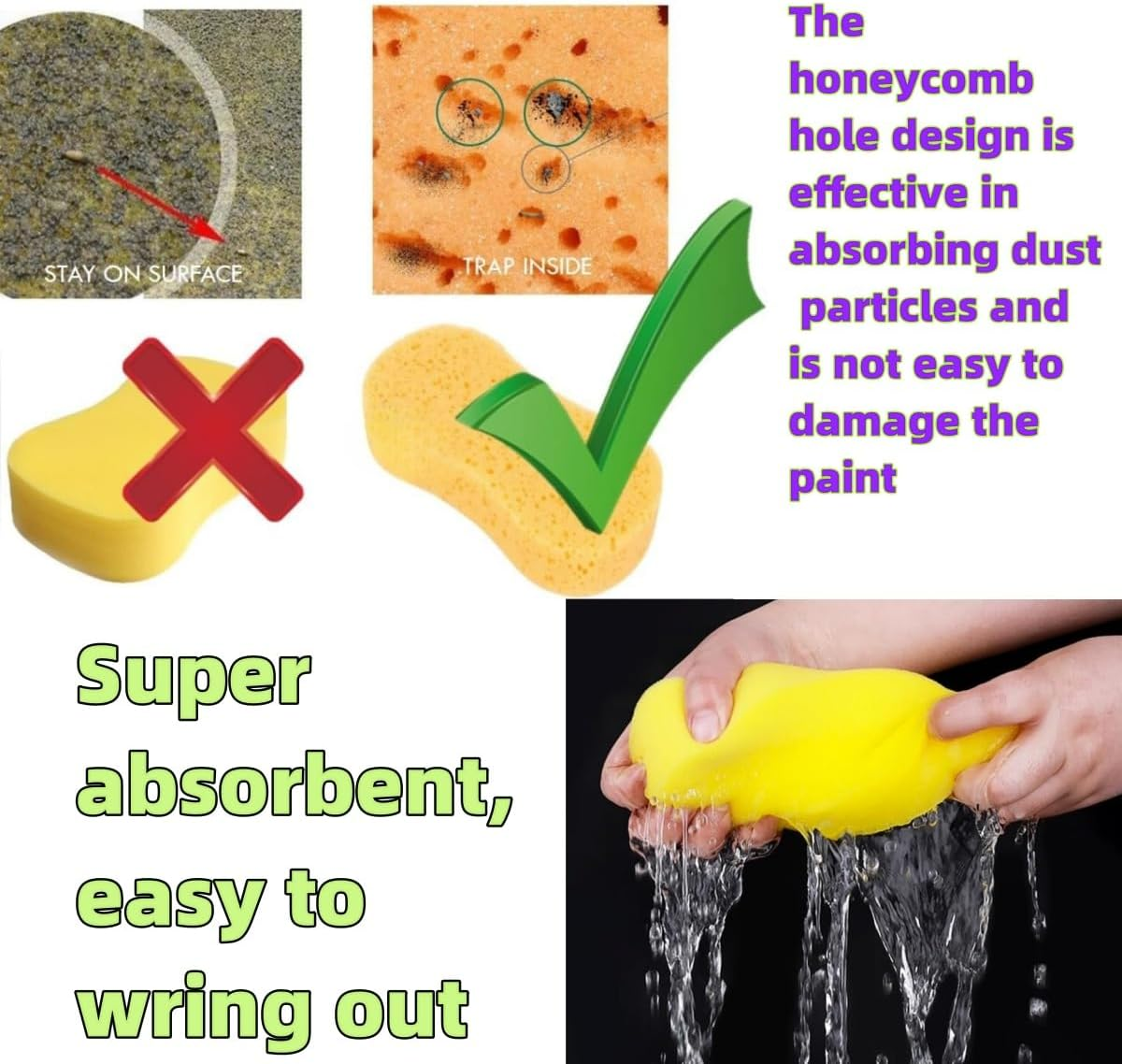 3 Pack Car Wash Sponge, Large Soft Super Absorbent Non-Scratch Sponges, Auto Bike Boat Washing, Household Cleaning, Big High Foam, Scratch-Free Finish, Extra Gentle on All Surface, (Random Color) image number 3