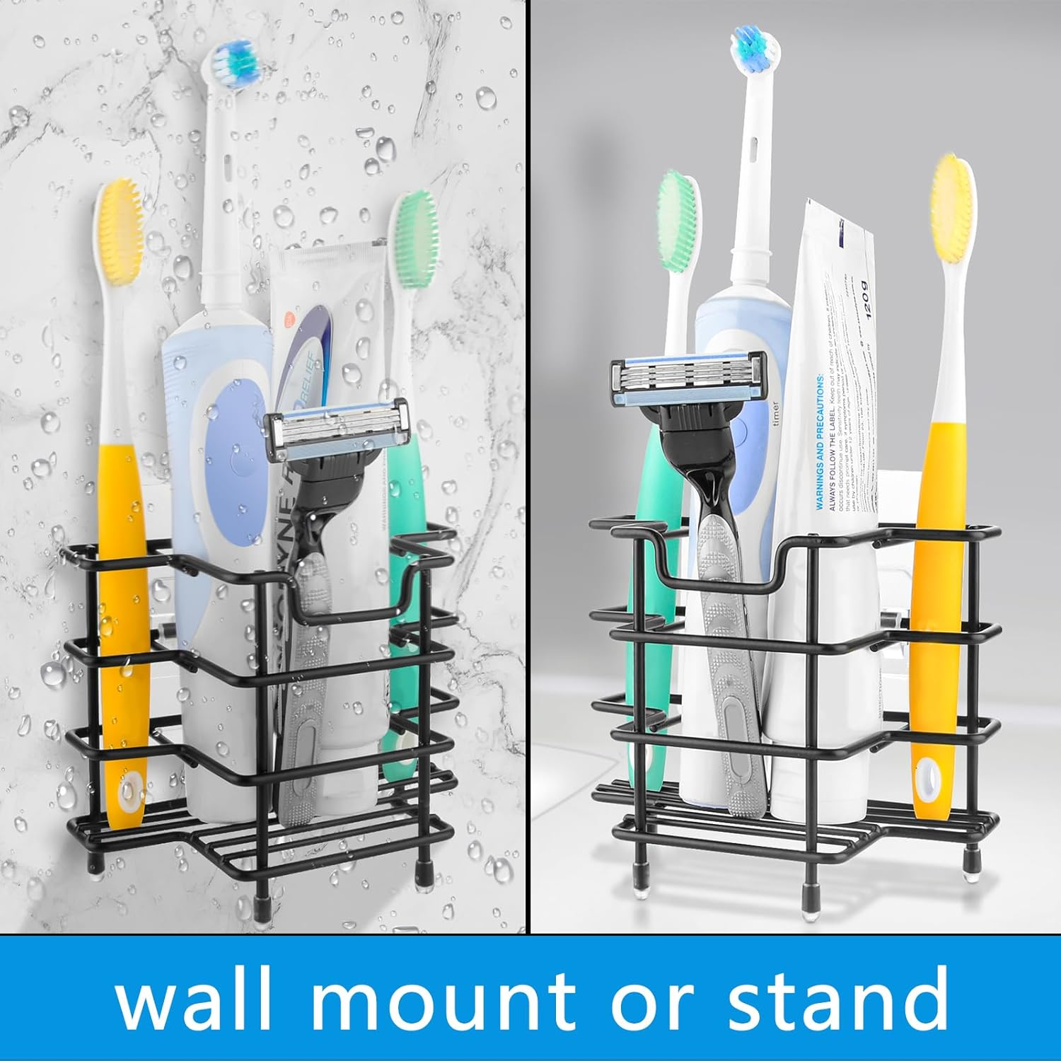 Linkidea Wall Mount Toothbrush Holder for Shower, Stainless Steel Tooth Brush Stand, Countertop 3 Slots Organizer Compatible with Colgate Extra Clean, Oral-B Crossaction (Black) image number 1