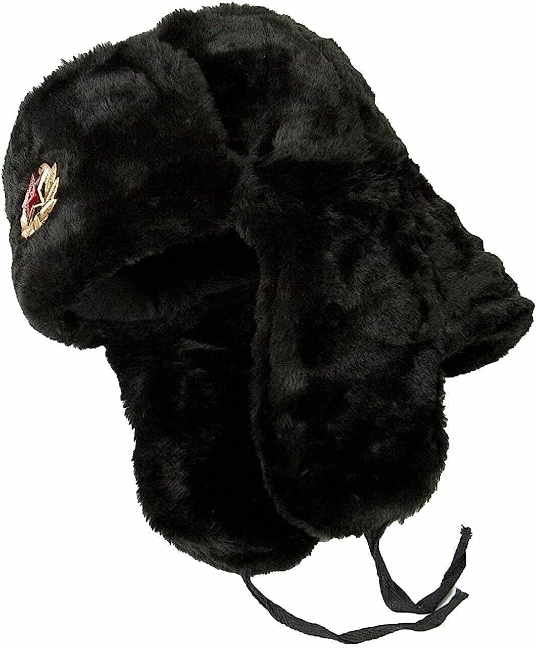 Soviet Style Winter Hat | Faux Fur Ushanka Cossack Hat with Ear Flaps & Decorative Military Pin | Mens Russian Trapper Ski Hat Perfect for Long, Cold Winter Nights One Size-58/60Cm image number 1