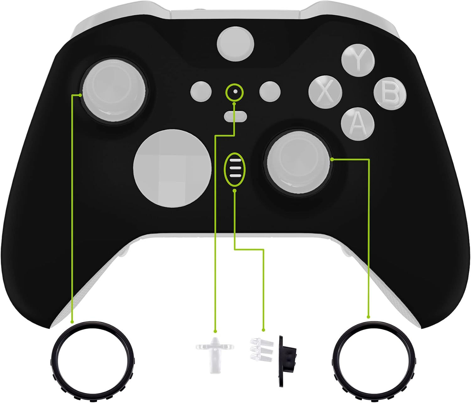 Extremerate Black Soft Touch Grip Faceplate Cover, Front Housing Shell Case Replacement Kit for Xbox One Elite Series 2 Controller Model 1797 - Thumbstick Accent Rings Included - Black image number 5
