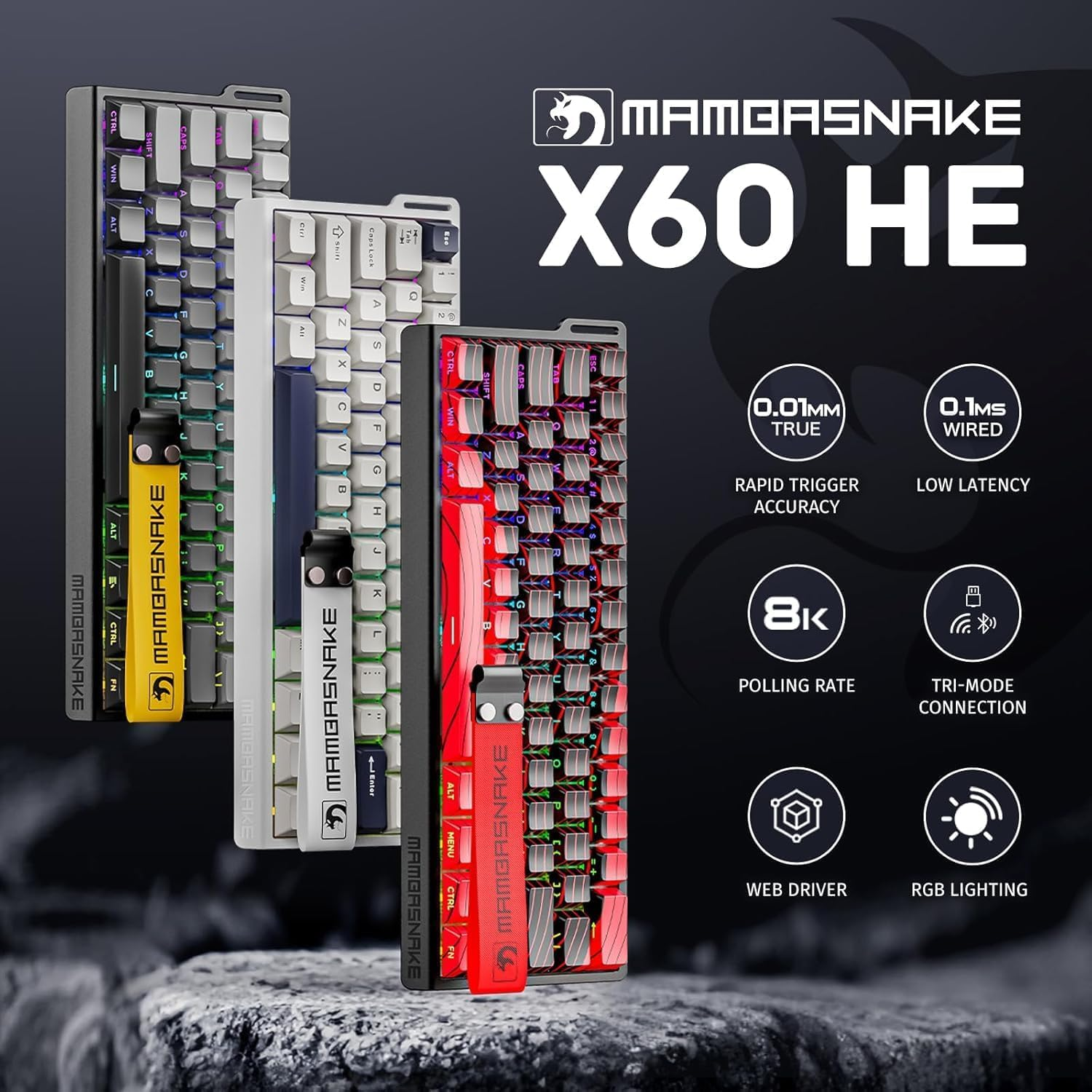 MAMBASNAKE X60 HE 60% Bt/2.4G/Wired Tri-Mode Gaming Keyboard Adjustable Actuation,Rapid Trigger Magnetic Switch Mechanical Keyboard,Rgb Backlit,8Khz Polling Rate with Coiled Cable for Pc/Mac-Moonlight image number 3