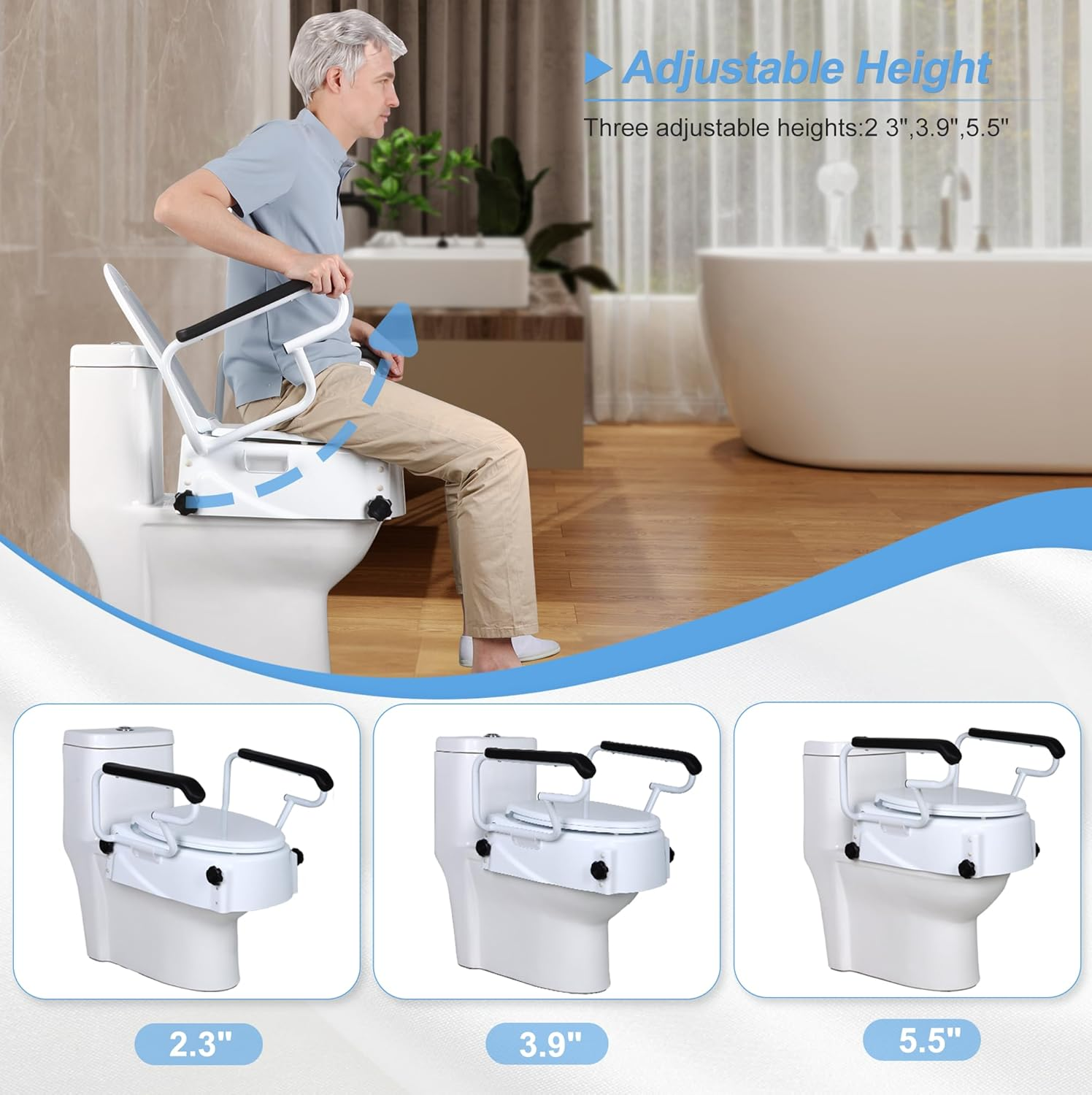 Raised Toilet Seat for Seniors with Flip-Up Handles, 5.5" Adjustable Toilet Seat Riser Elevated Medical Supplies & Equipment for Handicap, Elderly, Hip Replacement after Surgery