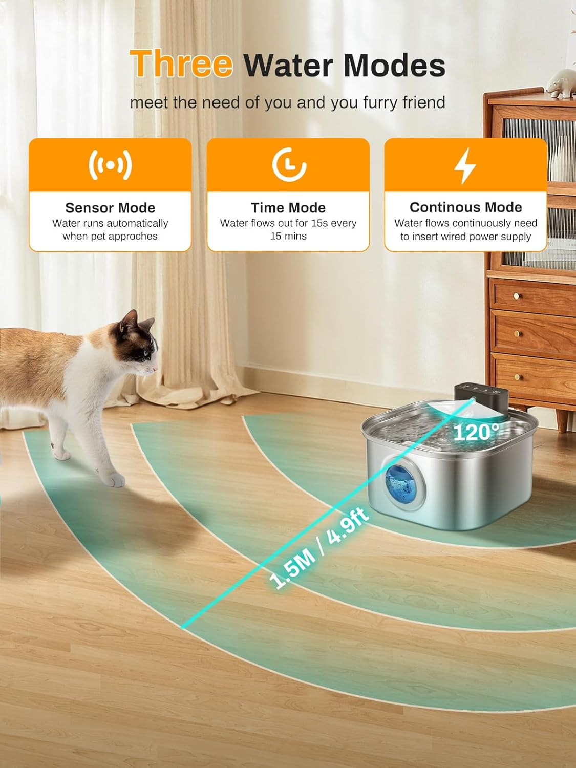 Wireless Cat Water Fountain, 4000Mah Battery Operated, 3.2L/108Oz Cordless Automatic Stainless Steel Pet Fountain with Motion Sensor, Rechargeable Cat Drinking Fountain with Ultra-Quiet Pump for Pets image number 3