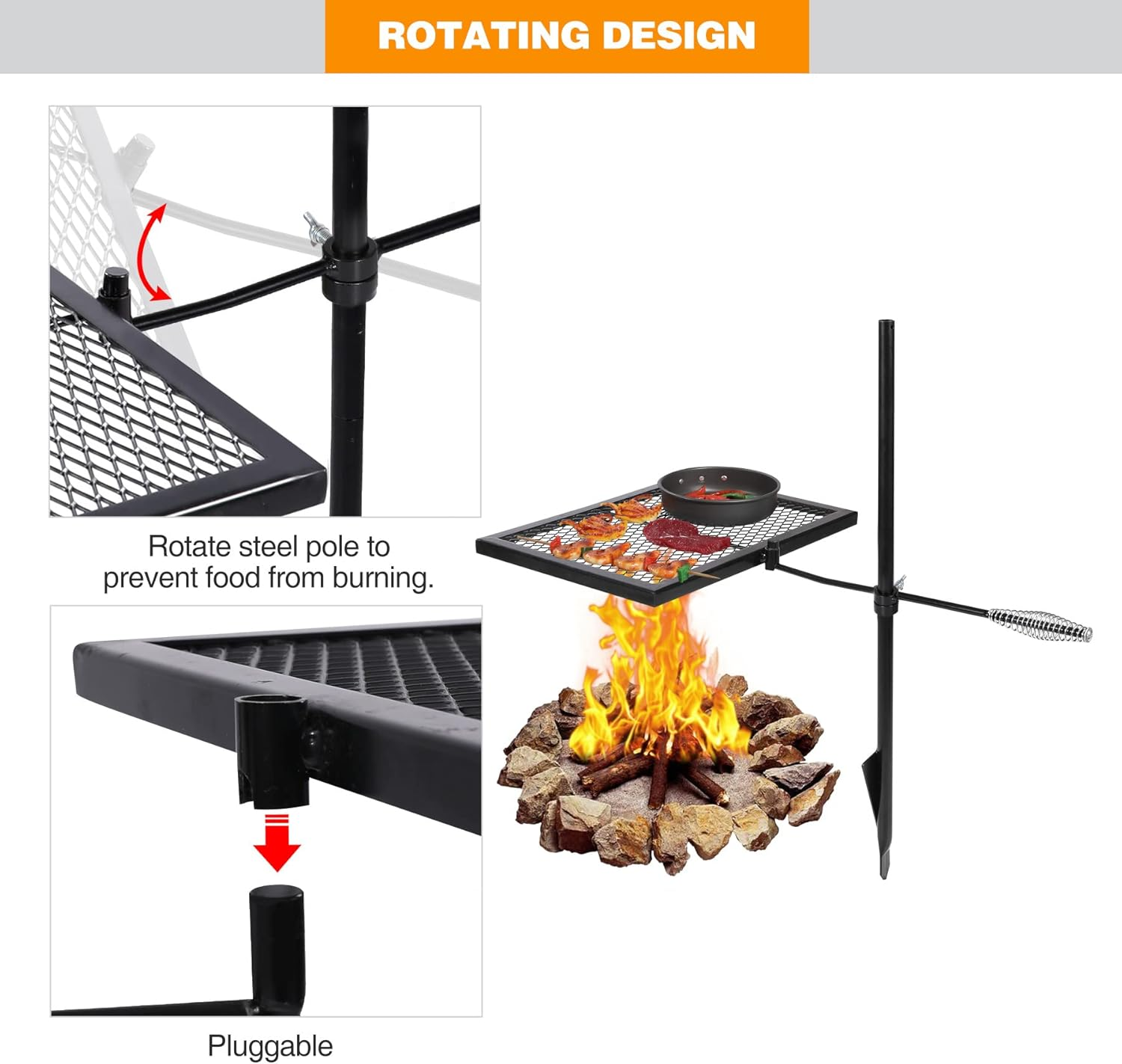 REDCAMP Swivel Campfire Grill Heavy Duty Steel Grate, over Fire Camp Grill with Carrying Bag for Outdoor Open Flame Cooking image number 3