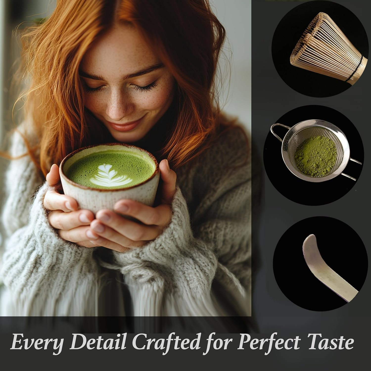 Matcha Whisk Set, XIULIUU 7 Pcs Japanese Matcha Kit, Bowl (Chawan) with Spout, Bamboo Whisk (Chasen) & Holder, Scoop (Chashaku), Sifter, Tea Towel Perfect for Matcha Lovers & Tea Ceremony image number 6