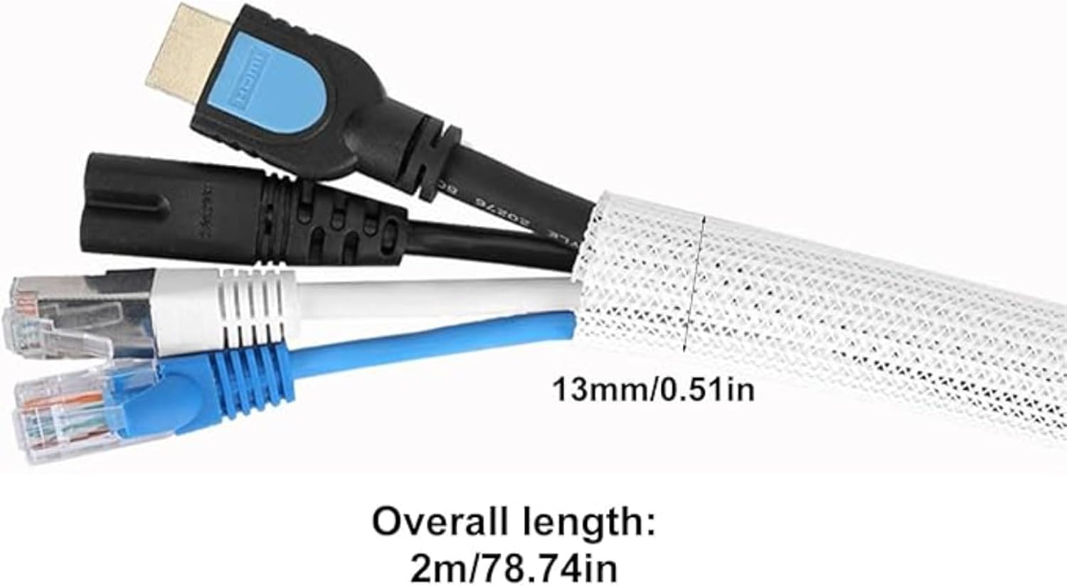 RODISHOMM Cable Sleeve, 6.6Ft (2M) Cable Organizer, Wire Protector Wrap for Desk PC, TV, Computer, USB, Braided Cord Management for Home and Office, 1/2 Inch inside Diameter（White） image number 5