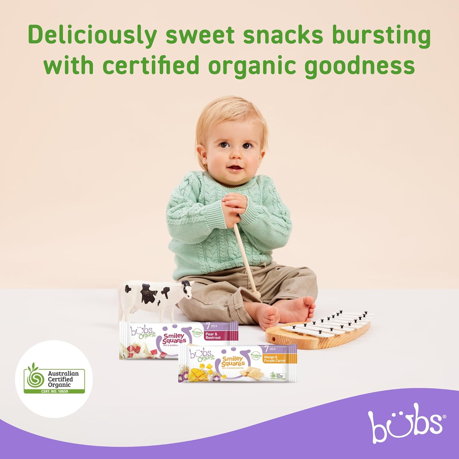 Bubs Organic Pear & Beetroot Smiley Squares, Rice & Quinoa Baby Snacks, for Babies 7+ Months, 14G (Pack of 3) image number 2