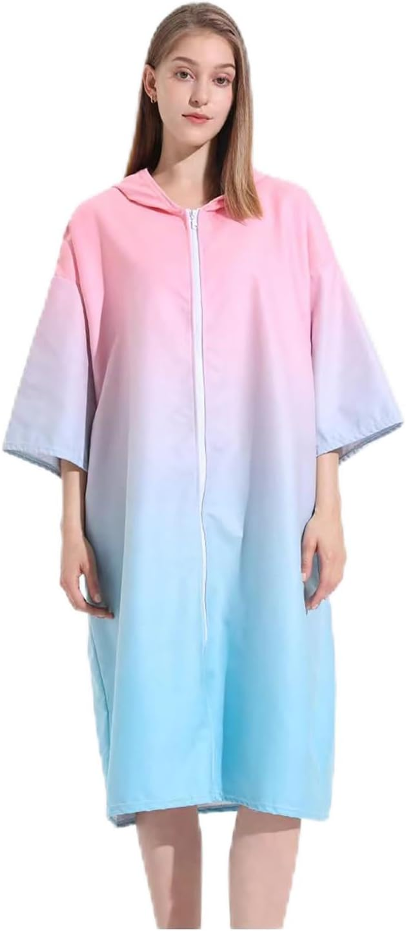 Zipper Style Quick Dry Lightweight Microfiber Changing Robe - Towel Robe, Surfing Cape Diving Suit Change Robe, Pink Blue Colors Poncho Hooded Robe for Women image number 3