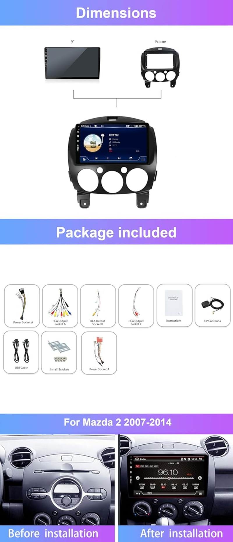 Double Din Android 14 Car Stereo Radio GPS Navigation for Mazda 2 2007-2014 Head Unit Free Camera Support Carplay Bluetooth FM Wifi SWC Mirror Link Aux image number 4