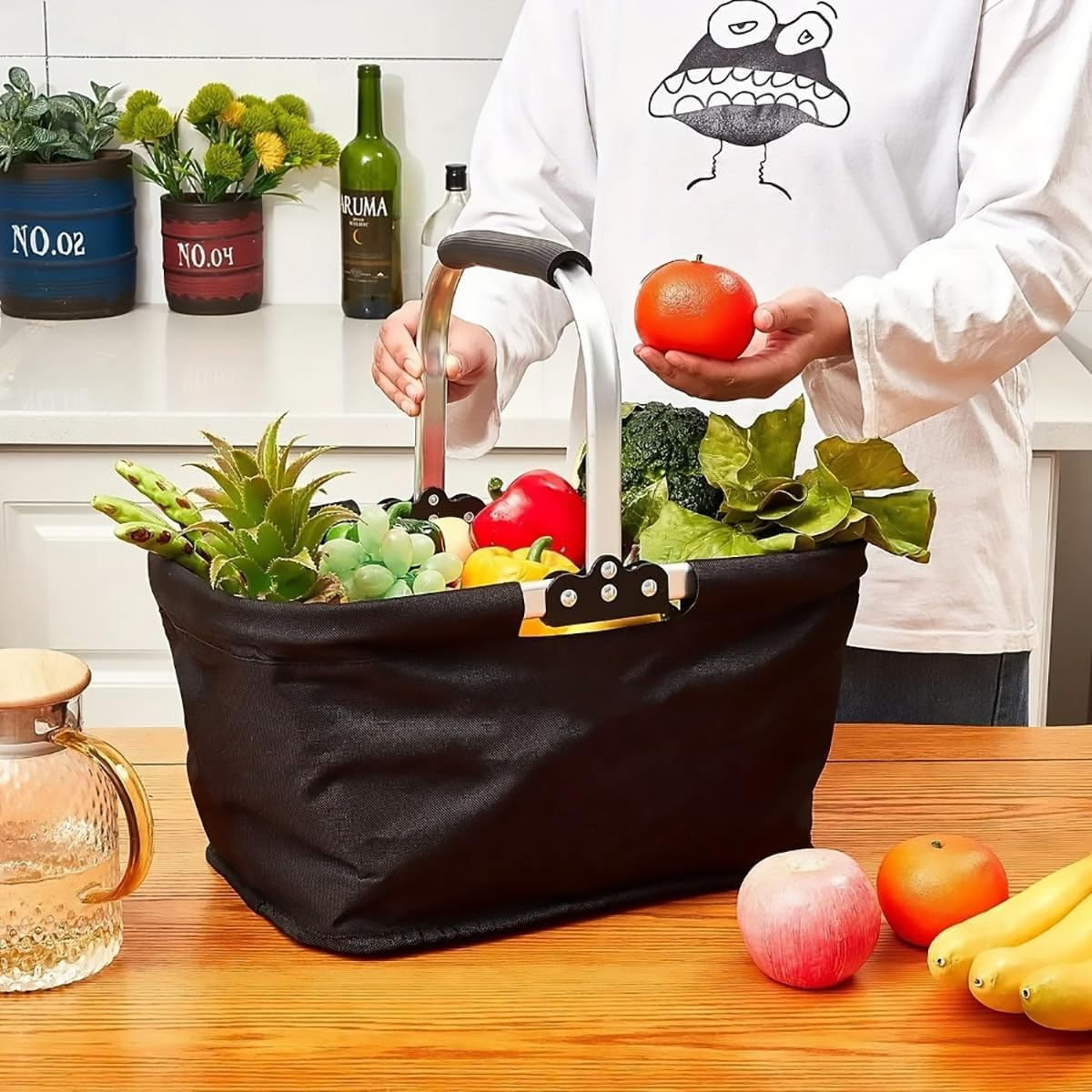 AIMALL Portable Folding Picnic Basket with Aluminium Foil Insulation, 24X39X23Cm Oxford Lunch Cooler Bag for Outdoor Camping, Takeaway, Shopping and Fast Food Storage