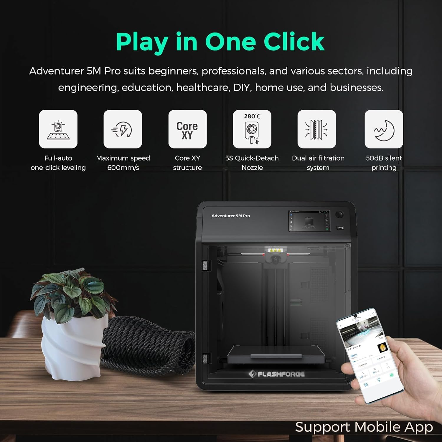 FLASHFORGE Adventurer 5M Pro 3D Printer with Auto Bed Leveling, 600Mm/S Fast Printing Speed, Quick Detachable 280&deg;C Nozzle, Internal & External Circulation Dual Air Filtration 220X220X220Mm image number 2