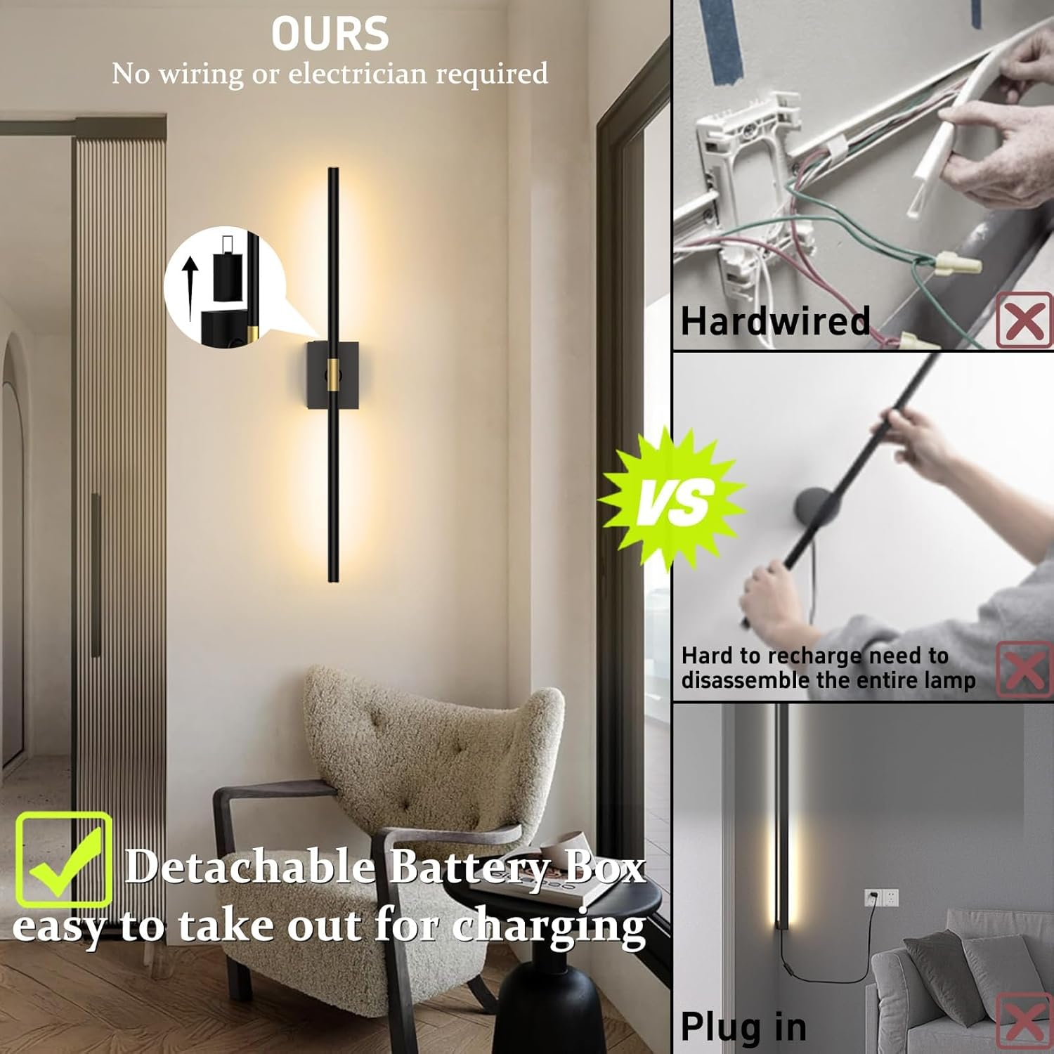 Battery Operated Wall Sconces Set of 2 &ndash; 10000Mah Rechargeable Wall Lights with Touch & Remote Control, 360&deg; Rotating Wireless Wall Lamps for Bedroom, Living Room, Hallway (80Cm, Black Gold) image number 1