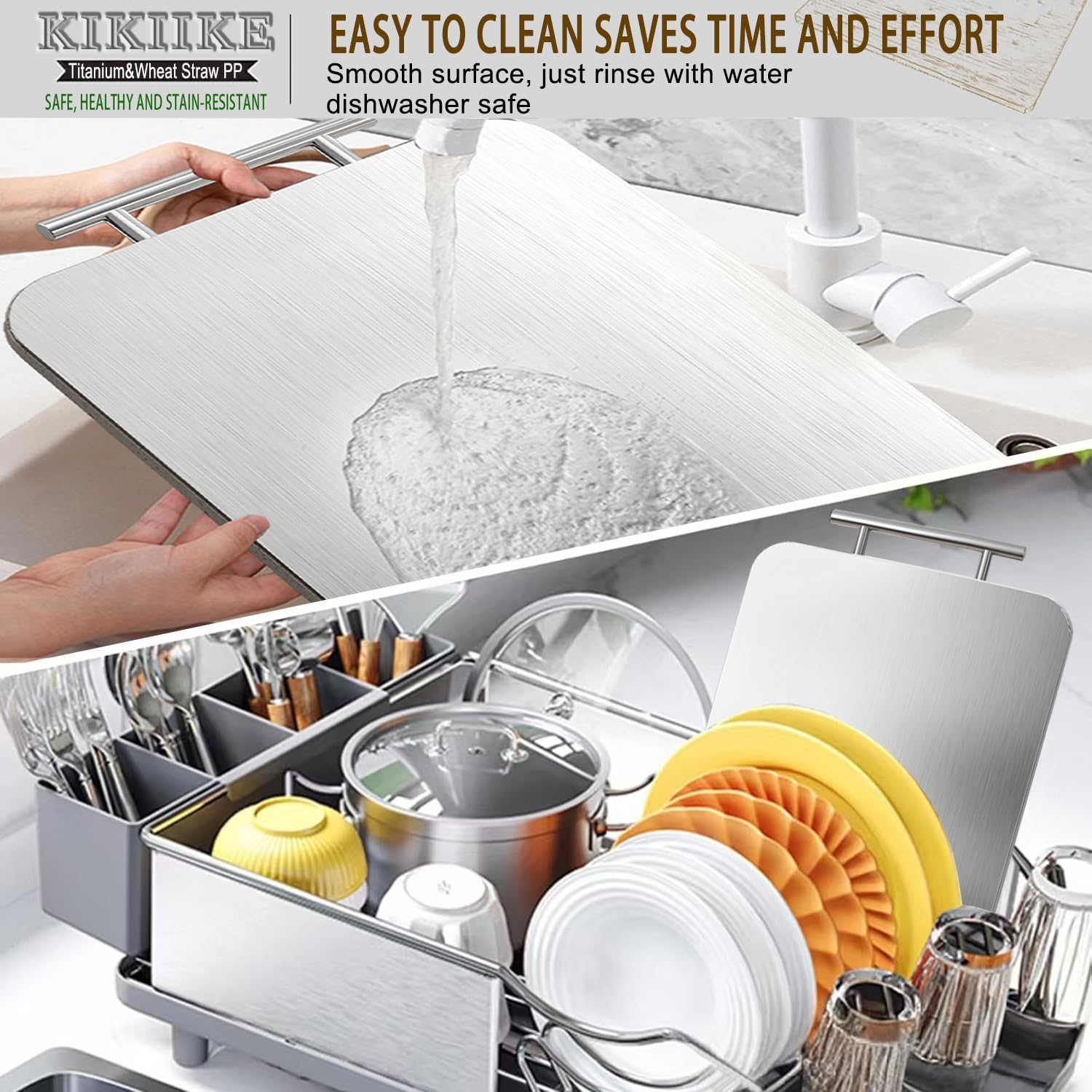 Titanium Cutting Board Double Sided Pure Titanium Cutting Boards for Kitchen, Pure Titanium & Wheat Straw PP Food Grade Metal Chopping Boards Easy to Clean Large Size image number 5