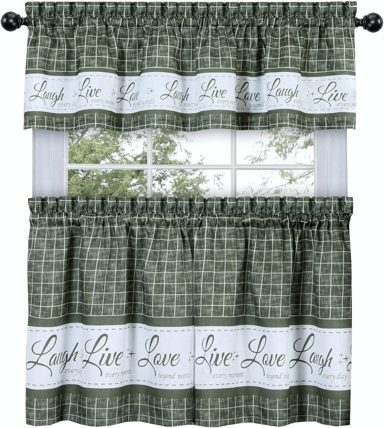 Goodgram Country Gingham Check Live~Laugh~Love 3 Pc. Caf&eacute; Plaid Kitchen Curtain Set - Assorted Colors & Sizes (Gray, 36 In. L)