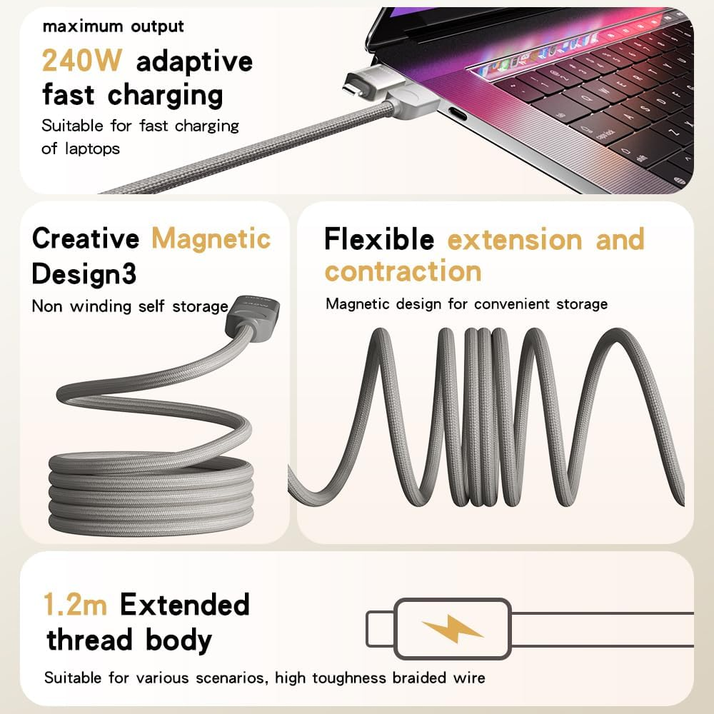 Mizi 240W Magnetic USB C Cable [Automatic Coiled], 4-In-1 Multi Charging Cable (1.2M), USB A/C to C/L, Fast Charger for Iphone 16/15/14 Pro Max, Macbook, Ipad, Samsung S24 & More - Grey image number 2