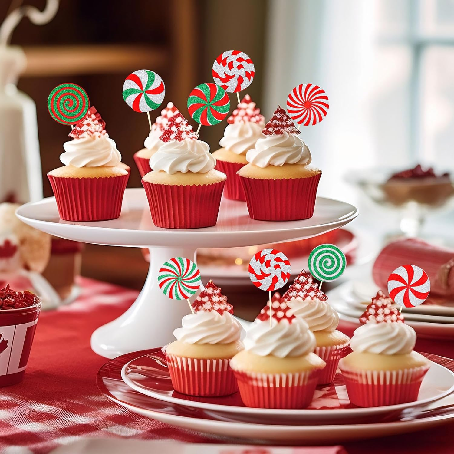 Whaline 24Pcs Christmas Cupcake Toppers Red Green Glitter Xmas Peppermint Candy Cupcake Picks for Xmas Holiday New Year Gathering Celebration Birthday Party Cake Decoration Supplies, 8 Styles image number 2