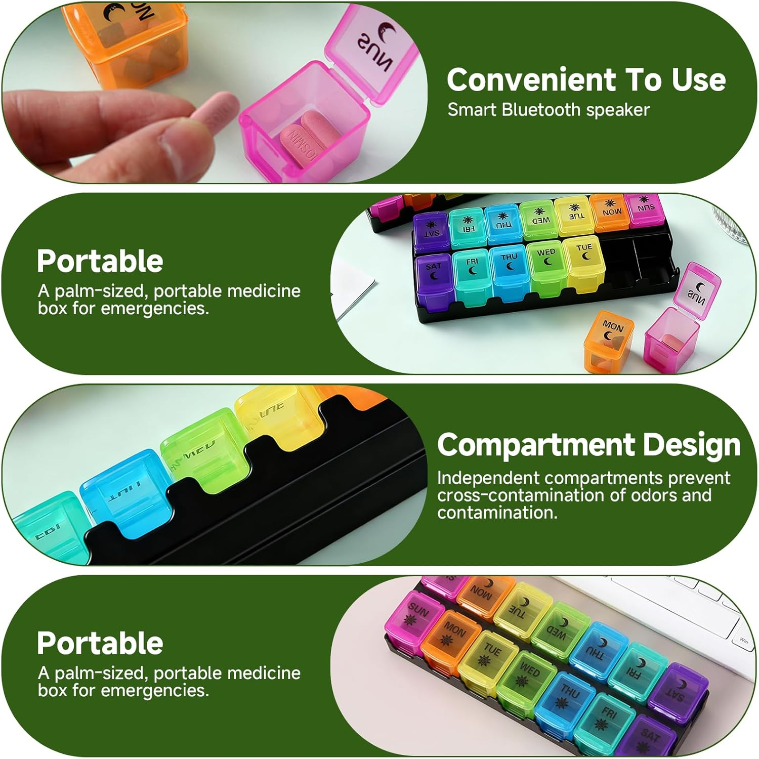 7 Day Medication Organizer Daily Pill Box - Push Button Open, 14 Large AM/PM Compartments for Vitamins/Fish Oil/Supplements, Weekly Pill Container for Seniors (Colorful)