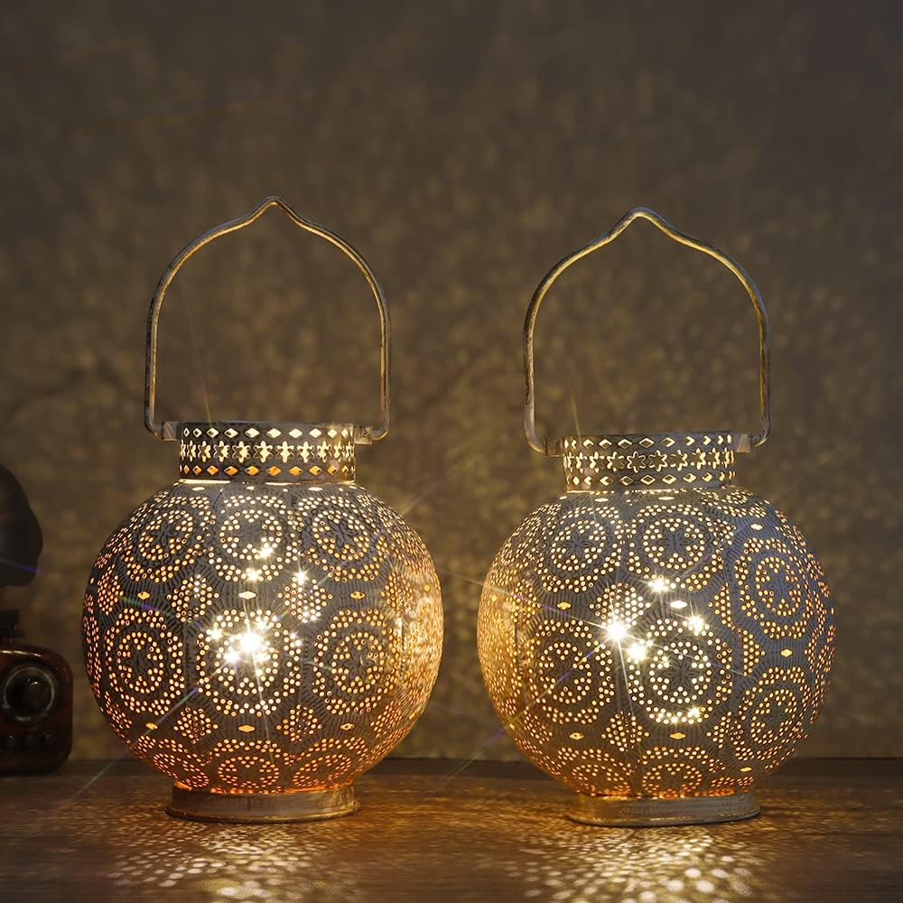 TRIROCKS Set of 2 Moroccan Decorative Lamps 7'' High Battery Powered Cordless Lamp Metal Table Lamps with Fairy Lights Bulb for Home Living Room Garden Yard Party Events Tabletop Indoor Outdoor(Brown)