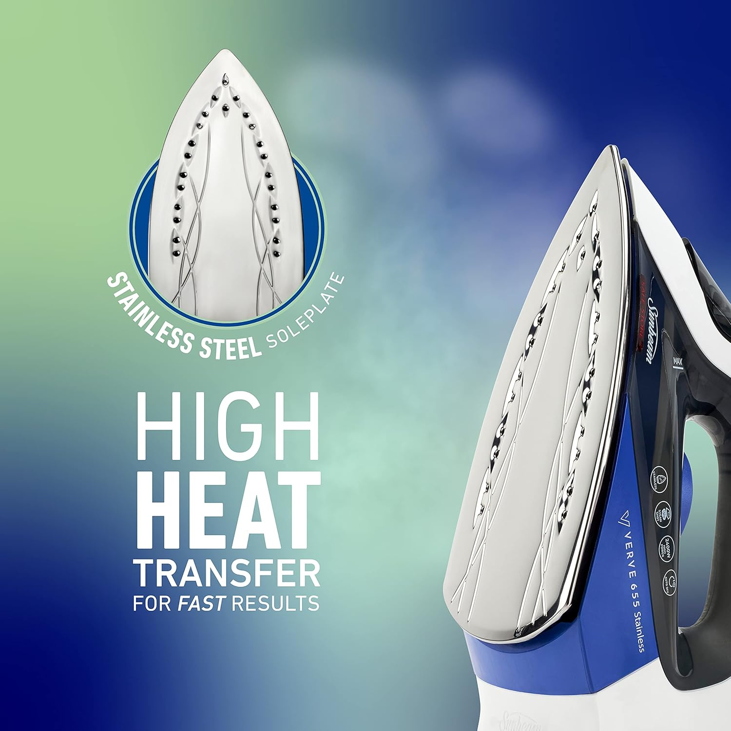 Sunbeam Verve Stainless Steam Iron | Durable Stainless Steel Soleplate, 150G/Min Steam Shot, 300Ml Tank, 2400W Fast Heat-Up, Safe Store Indicator, Auto-Off, Blue SRS6550 image number 2