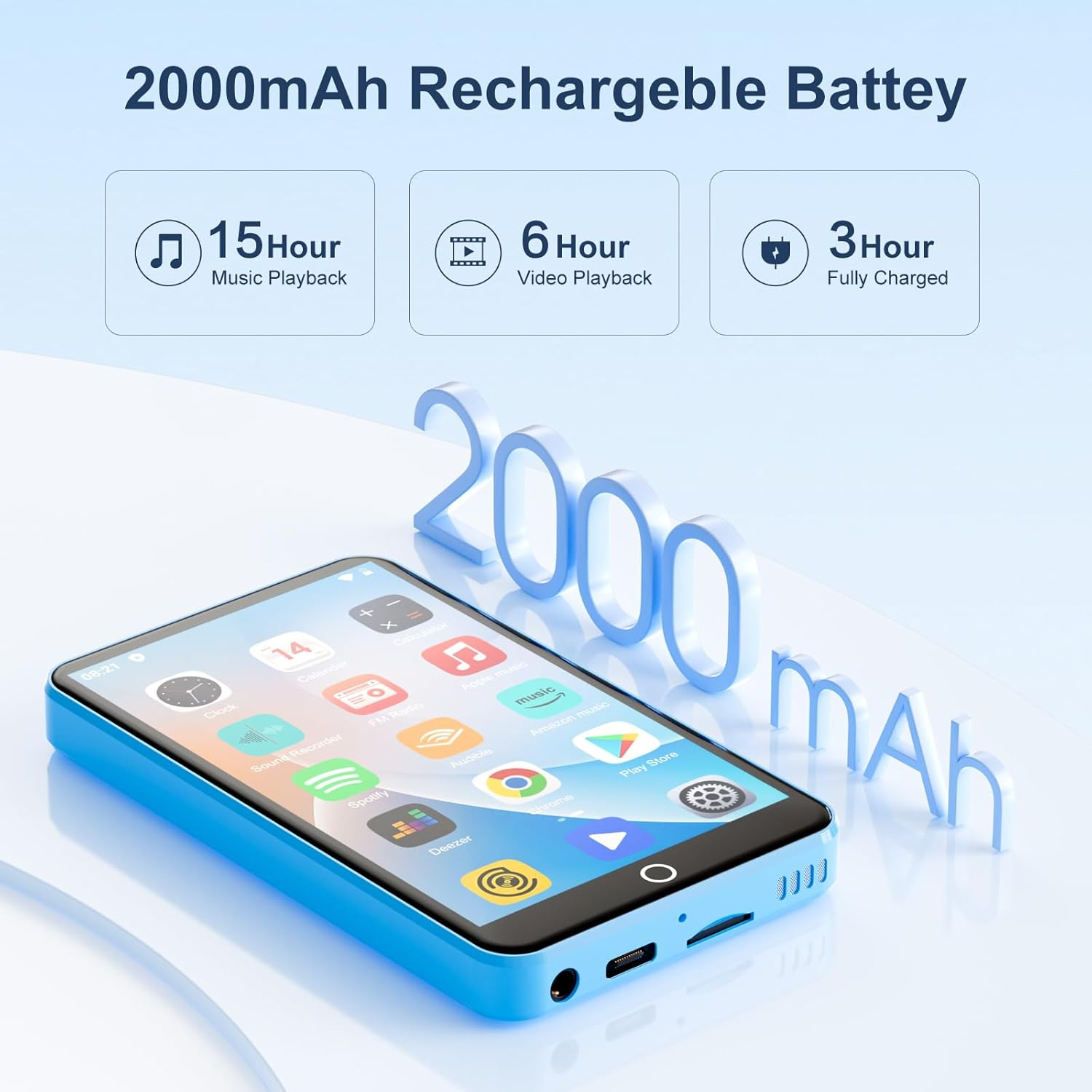 80GB MP3 Player with Bluetooth and Wifi, Mp3 & Mp4 Music Player with Spotify, Amazon Music, Deezer, Audible, Browser, 4.0" IPS Touch Screen Android Player with Speaker, FM Radio, up to 512GB (Blue) - Blue image number 2