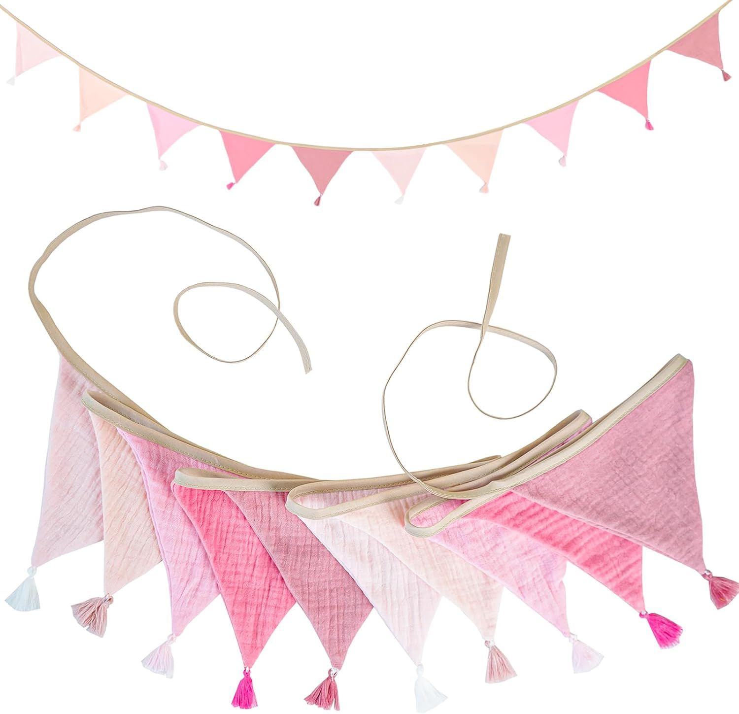 Children'S Room Bunting, Pink, 2.6 M Fabric Bunting Muslin with Tassels, Reusable Garland for Birthdays, Home, Camping image number 6