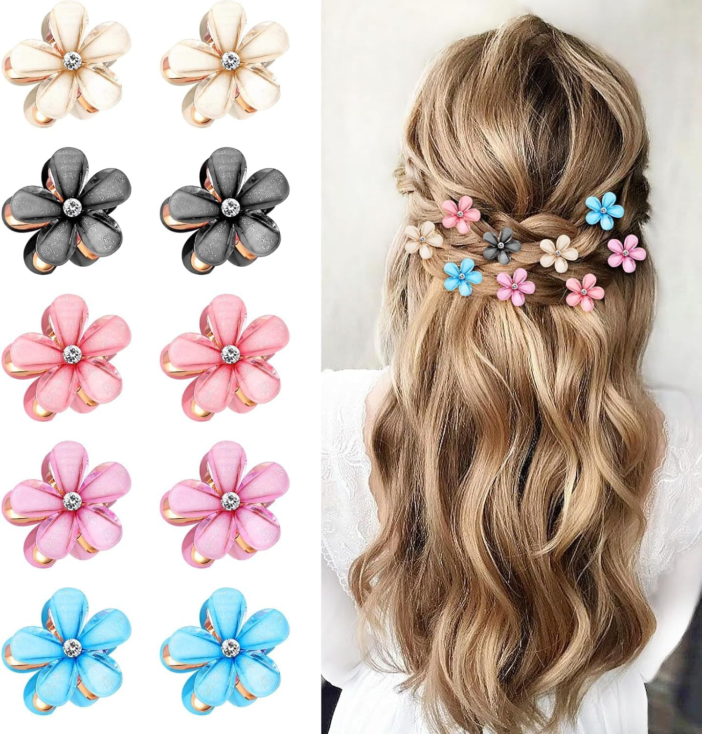 LAPLBEKE Pack of 10 Small Flower Hair Clips, Metal Glittering Side Clips for Girls Women, Cute Pink Hair Accessories (Blue)