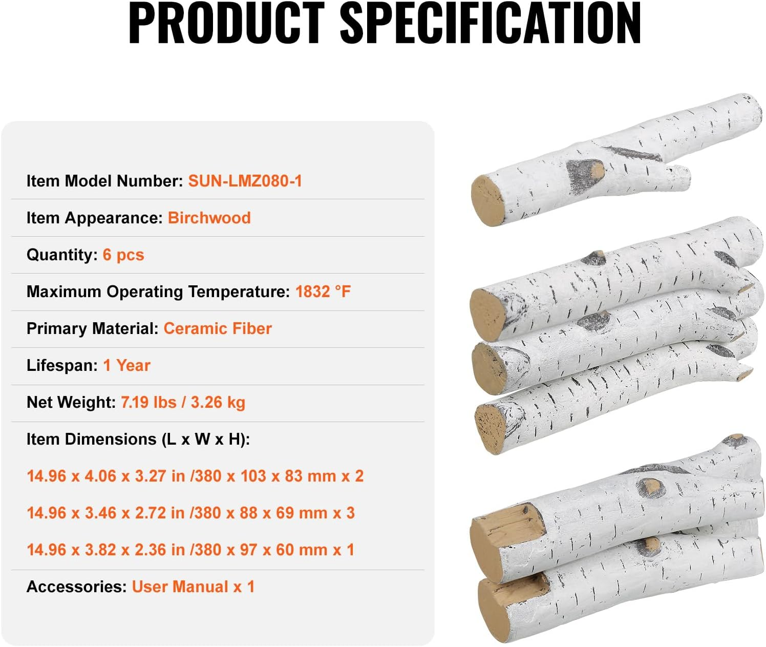 VEVOR 6 Pcs Large Withe Birch Logs, Gas Fireplace Ceramic Logs for Fire Place, Heat-Resistant Wood Log Gas Realistic Logs, Stackable Wood Branches for Gas Fireplace, Firebowl Indoor or Outdoor image number 3