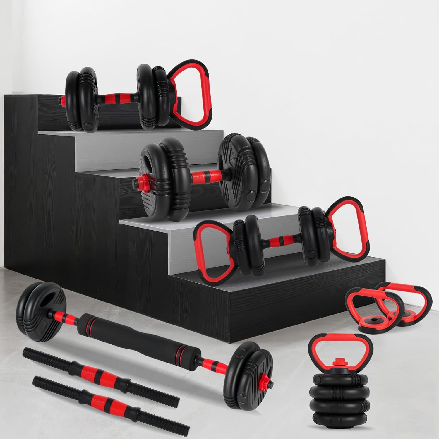 ADVWIN 15/20/30Kg Adjustable Dumbbells, 5-In-1 Free Weight Set with Connector, Dumbbells Set Used as Barbell, Kettlebells, Push up Stand, Weight Plate, Fitness Exercises for Home Gym