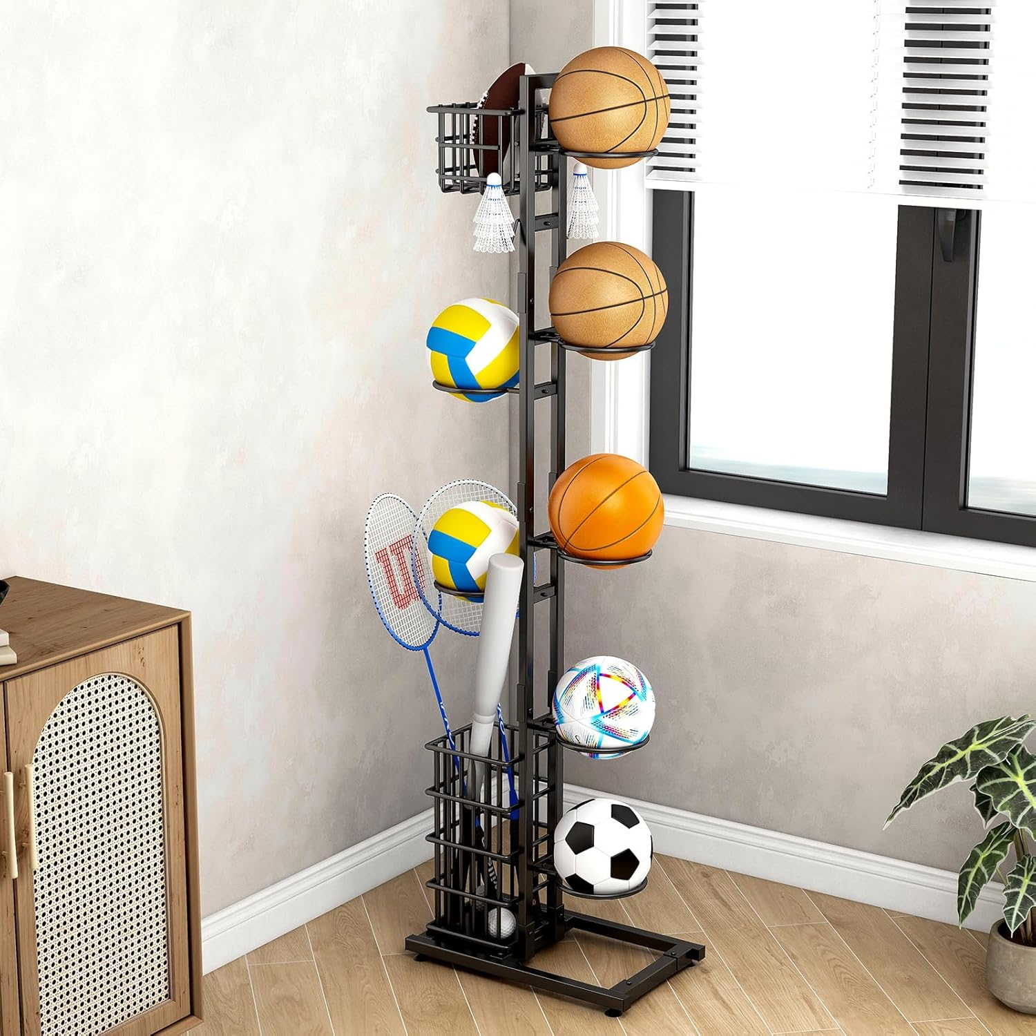 Basketball Storage Rack, Independent Basketball Rack, Sports Equipment Storage Rack with Baskets and Hooks, Suitable for Vertical Ball Racks for Football, Volleyball, Rugby, Basketball, and Badminton. image number 2