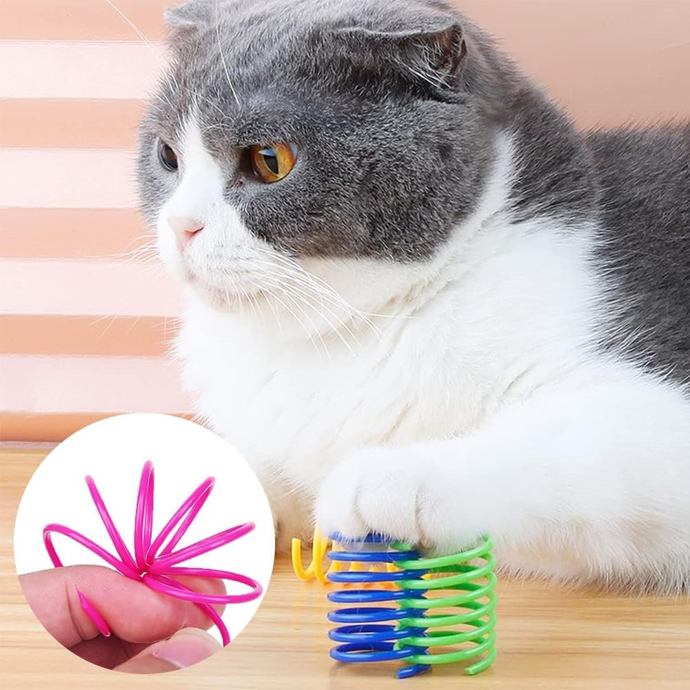 Plastic Spiral Springs, Colourful Spiral Springs, Pack of 4 Interactive Spiral Cat Toy, Cat Toy Spring, Cat Toy, Colourful Spiral, Colourful Spiral Cat with 3 Pompoms for Cats