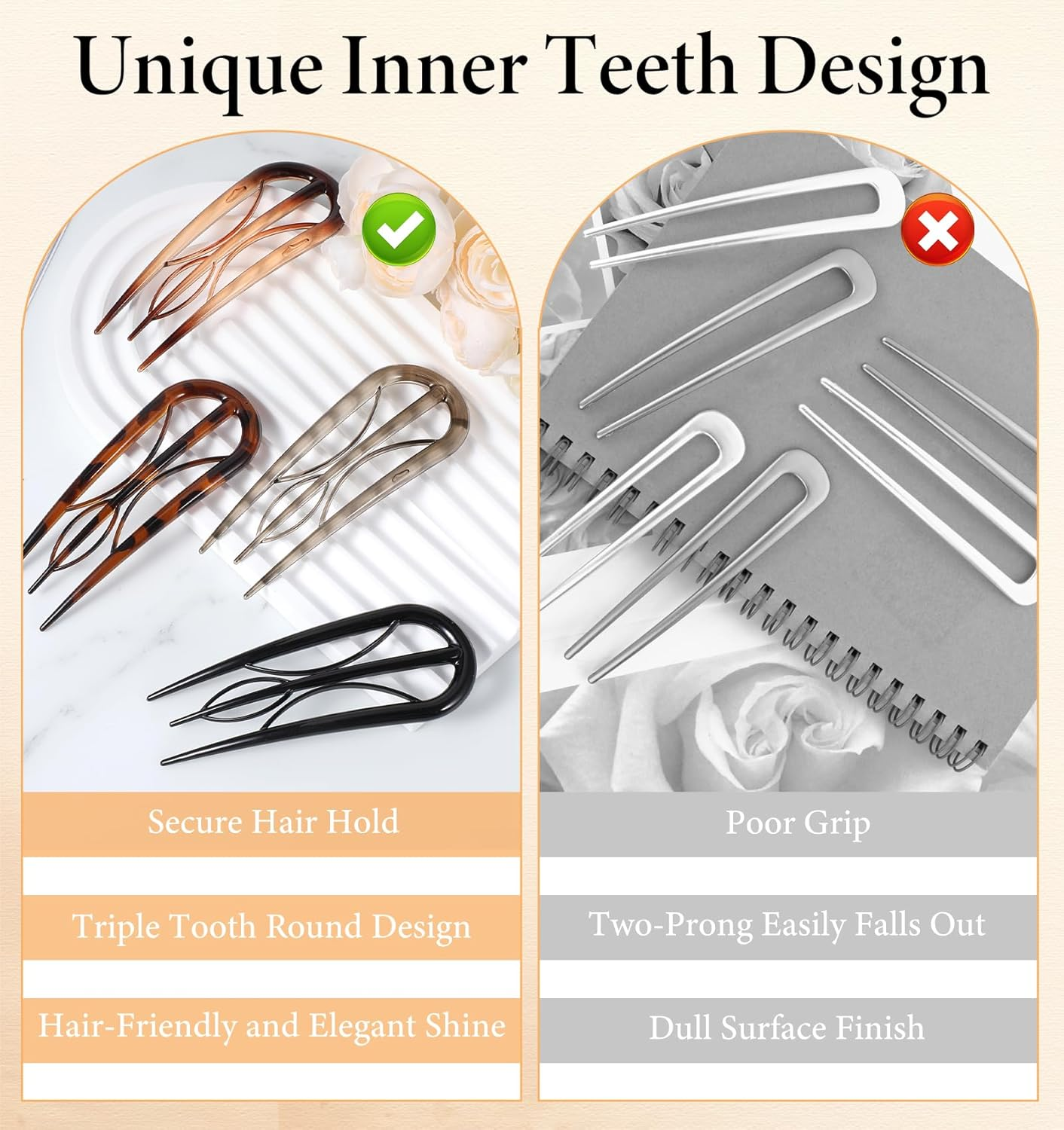 Large French Hair Pin, 4 Pcs French Hair Pins for Women Fine Hair, Plastic Hair Pins, French Twist Hair Clips with 3 Inner Teeth Design for Women, U Shaped French Hairpin & Hair Prong & Forks image number 2