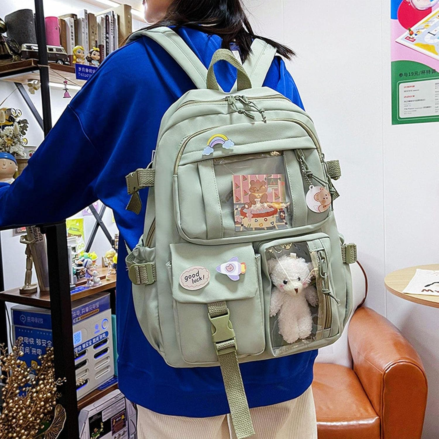 Backpack with Cute Pin & Plush Bear Accessories, Cute School Backpack Pastel Aesthetic Backpack for Girls - Beige image number 3