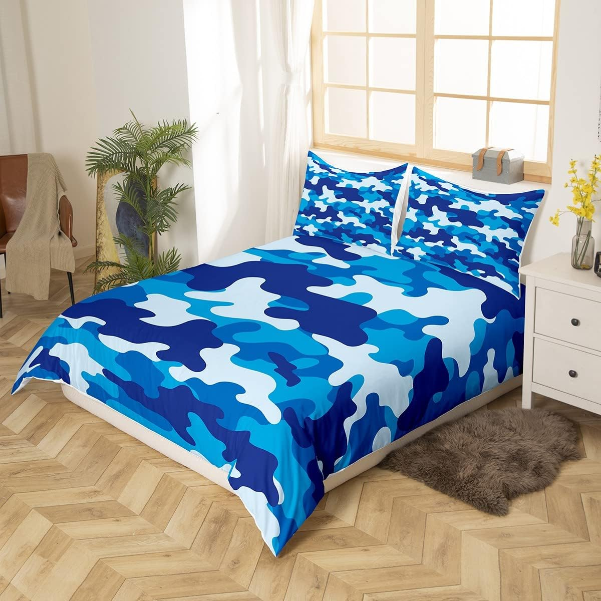 Manfei Navy Blue Camouflage Boys Duvet Cover Set S Size, Modern Army Camo Bedding Set Children Teens Adults White Blue Camo Comforter Cover Outdoor Sports Style Quilt Cover, 1 Pillowcase image number 2