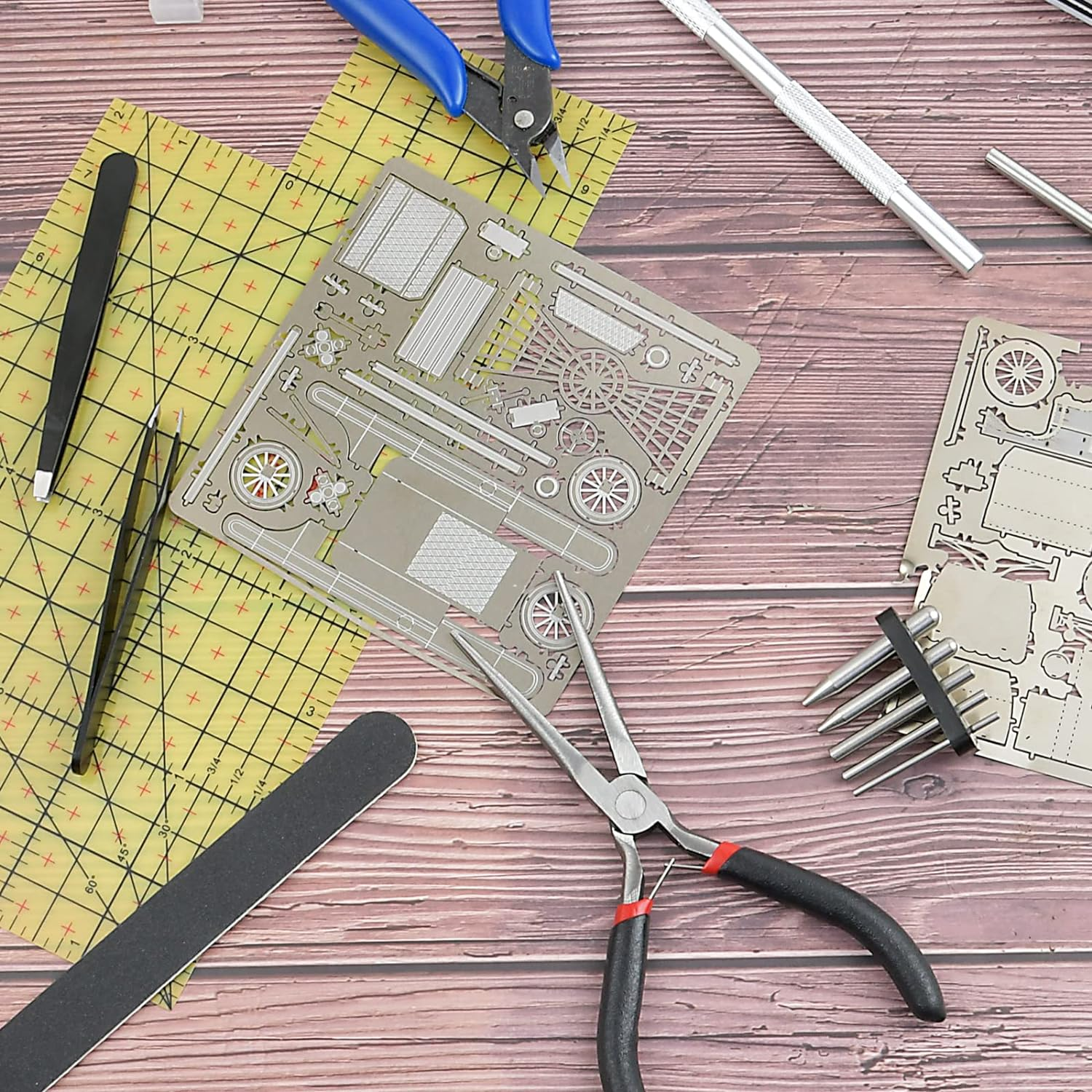 22 Pieces Metal DIY Model Tool Sets Metal Earth Model Kits, 2 Nose Pliers and Tab Edge Cylinder Cone Shape Bending Assist Tools for 3D Metal Jigsaw Puzzles Assembly image number 3