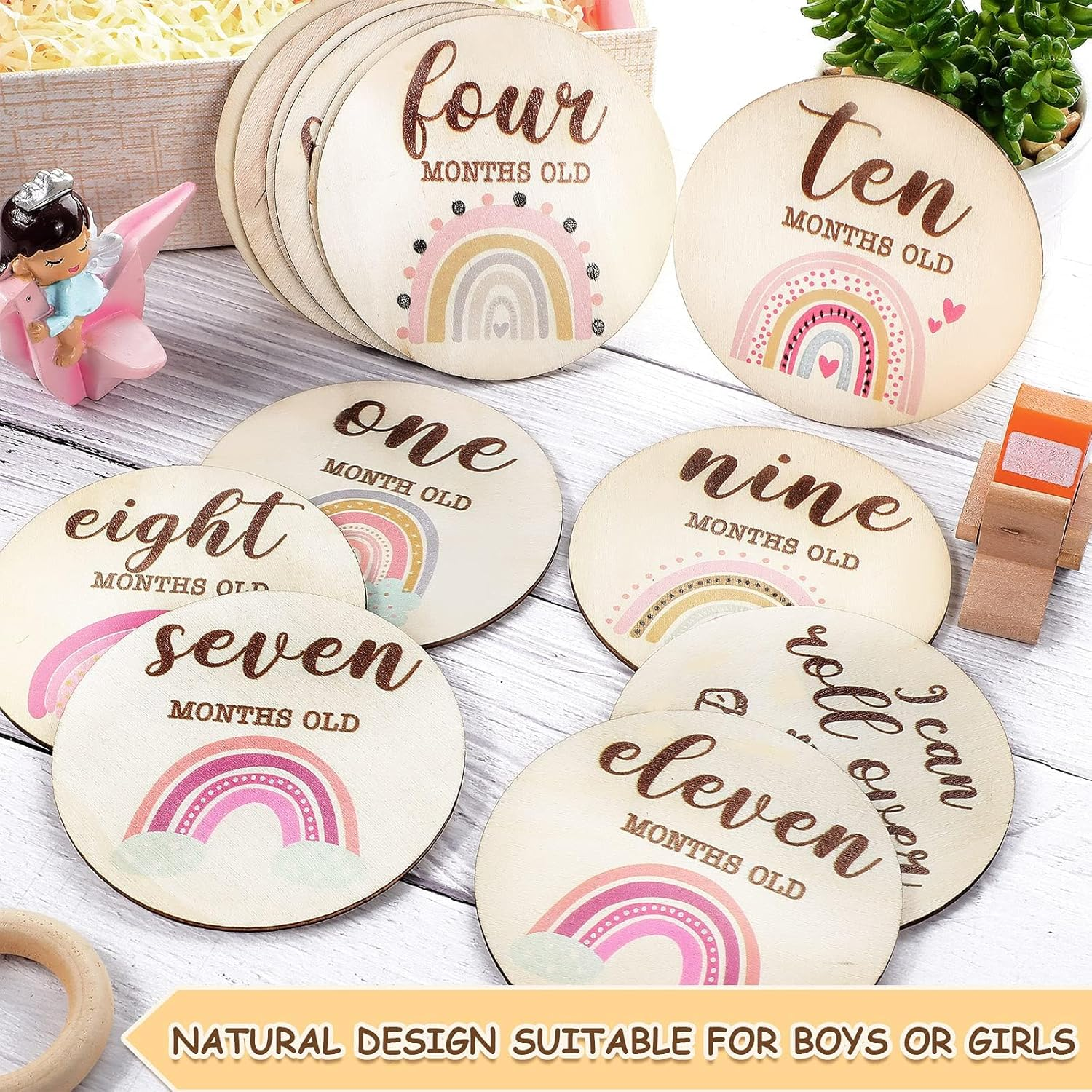 13Pcs Baby Monthly Milestone Wooden Cards, Boho Rainbow Double Sided Printed Milestone Discs Gift with Storage Bag, Photography Prop Discs Sets Birth Announcement Sign for Baby Shower Newborn Pregnancy image number 1