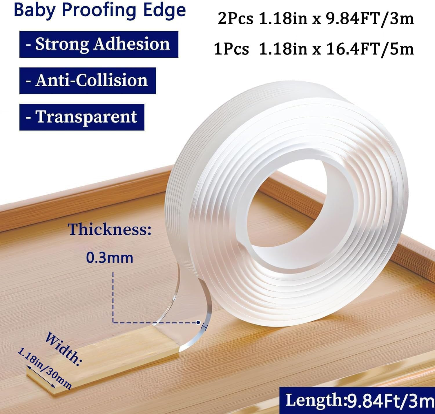 KEWAYO 3Pcs Clear Edge Protector Strip, Sharp Edge Wrap Cover Tape, Self Adhesive Protective Bumper Guards for Cabinet Door Desk Glass Table Bed Furniture, Kitchen Countertop