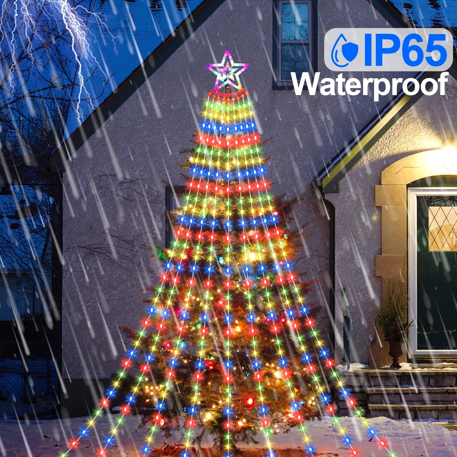 HELESIN Solar Outdoor Christmas Lights, 3.5M 350Leds Christmas Decoration Waterfall String Lights Outdoor, 8 Modes Waterproof Tree Toppers Fairy Light with Timer for Xmas New Year(Multicolor) image number 2