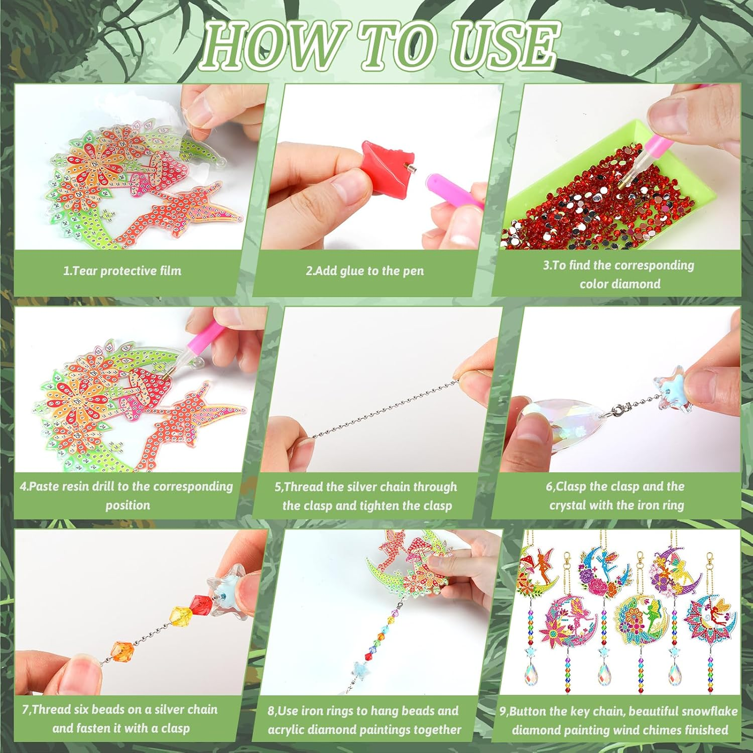 Tradder 6 Pcs Diamond Painting Wind Chimes Spring Diamond Painting Kit Double Sided Elf Ornaments with Crystal Pendant 5D Diamond Art for Spring Home Garden Hanging Ornament image number 5