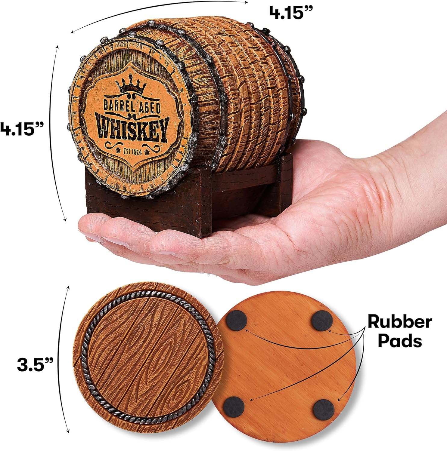 Whiskey Barrel Coaster Set &ndash; Handcrafted Whiskey Barrel Decor for Whiskey Lovers and Man Cave Gifts for Men - 6 Full Size Whiskey Coasters with Barrel Style Holder for Man Cave D&eacute;cor image number 6