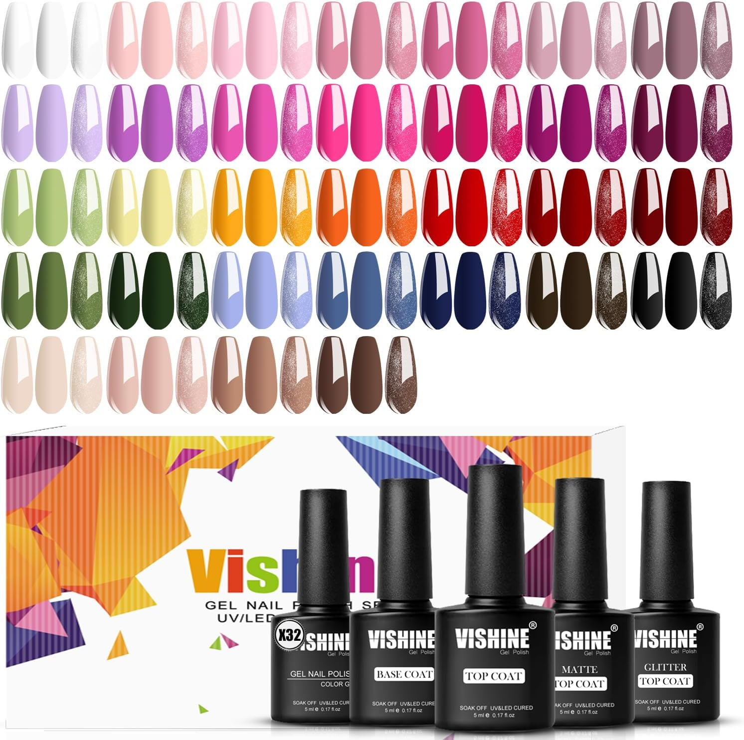 Vishine Gel Nail Polish Kit 32 Colors Classic Series Black White Red Nude Pink with 4Pcs Base and Glossy Matte Glitter Top Coat All Seasons Nails Art Kit DIY Salon at Home Manicure Set image number 1