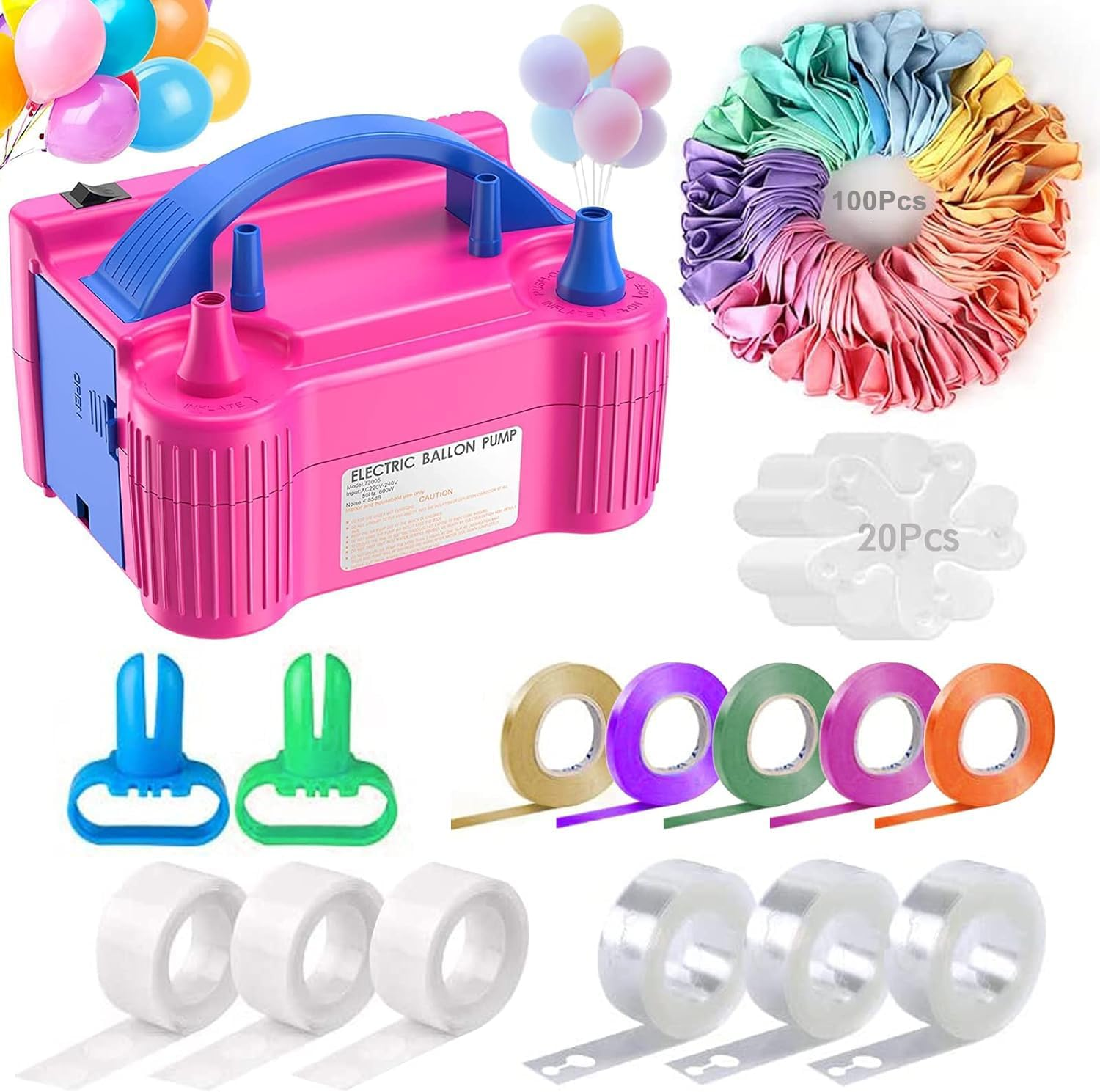 Electric Air Balloon Pump, Portable Balloon Inflator with 100 PCS Macaron Balloons, Tying Tools, 20 Flower Clips, Tape Strip and Dot Glues Balloon Blower for Garland Party Birthday Wedding Decorations image number 4