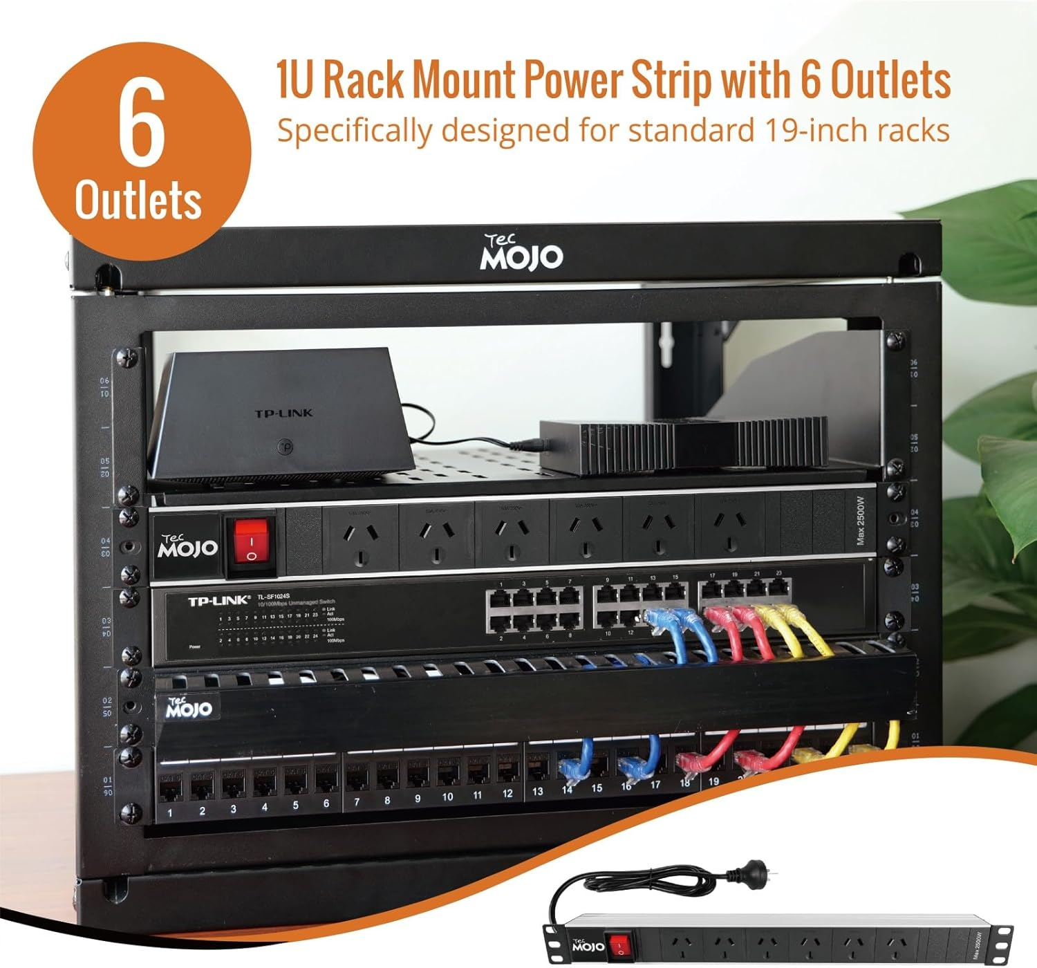 Tecmojo 1U Rack Mount PDU Power Strip, Power Distribution Unit for 19 Inch Server Cabinet, 6 Outlets with 2M Power Cord, Double-Break Switch, 10A 250V 50/60HZ, Black image number 1