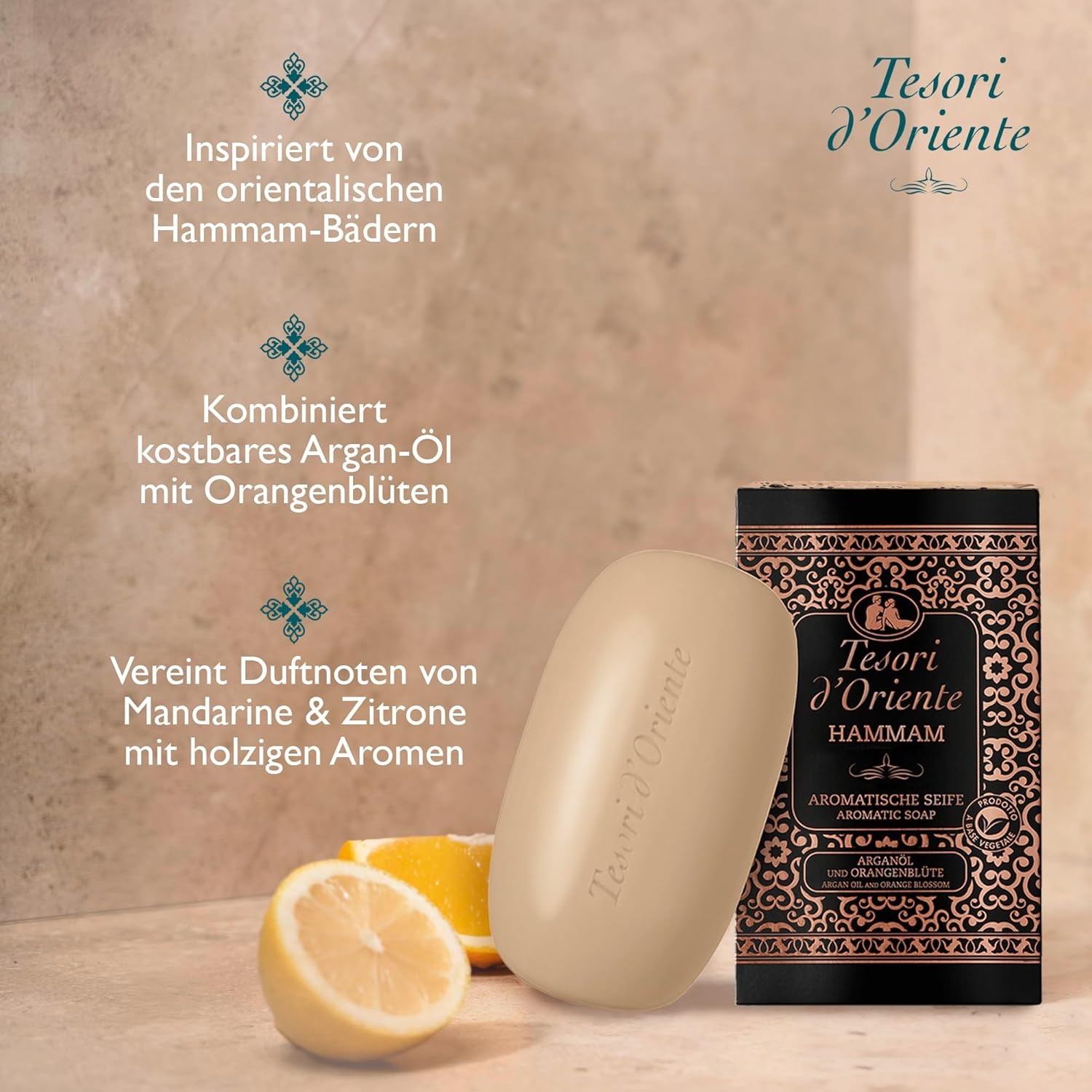 Tesori D'Oriente Solid Soap 'Hammam', 125 G, Aromatic Hand Soap with Argan Oil and Orange Blossom, Body Soap for Gentle Cleansing of the Skin, Ritual for Body & Senses