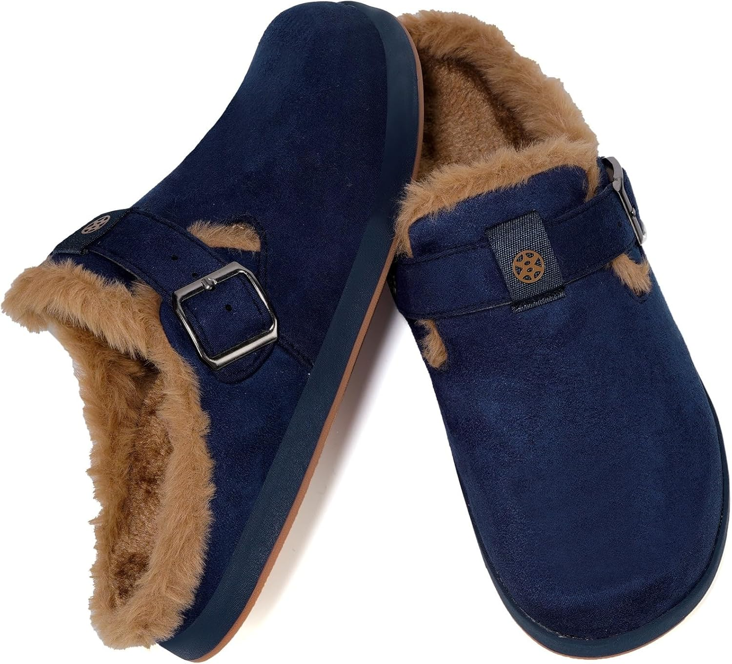 Fur Lined Clogs for Women Men Suede Winter Slippers Arch Support Slip on Mules Potato Shoes with Removable Cushion Footbed Warm Home House Shoes, Deep Blue, 7.5 Women/6 Men